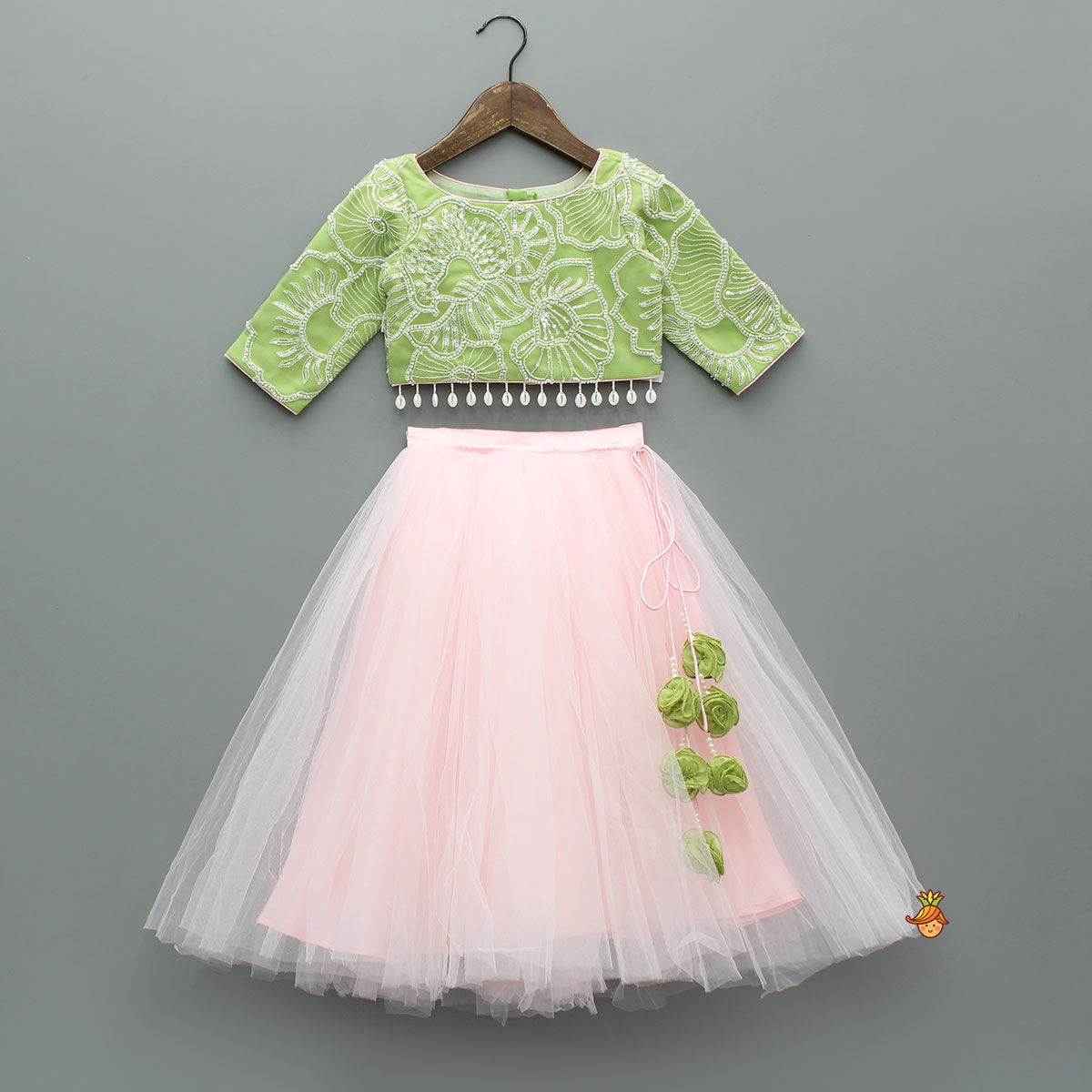 Adorable Floral Embroidered Top With Tulle Lehenga And Net Wrist Cuffs