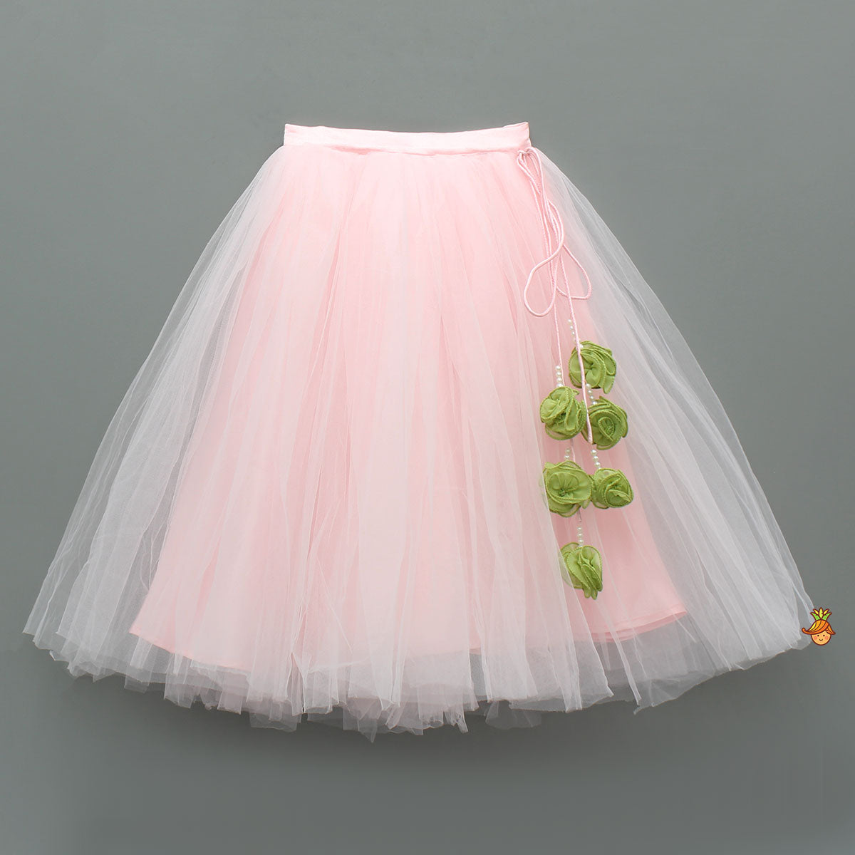 Adorable Floral Embroidered Top With Tulle Lehenga And Net Wrist Cuffs