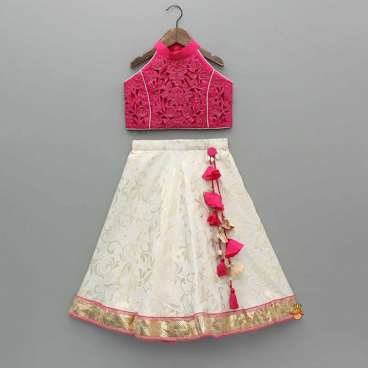 Stylish Pink Halter Neck Top With Brocade Lehenga