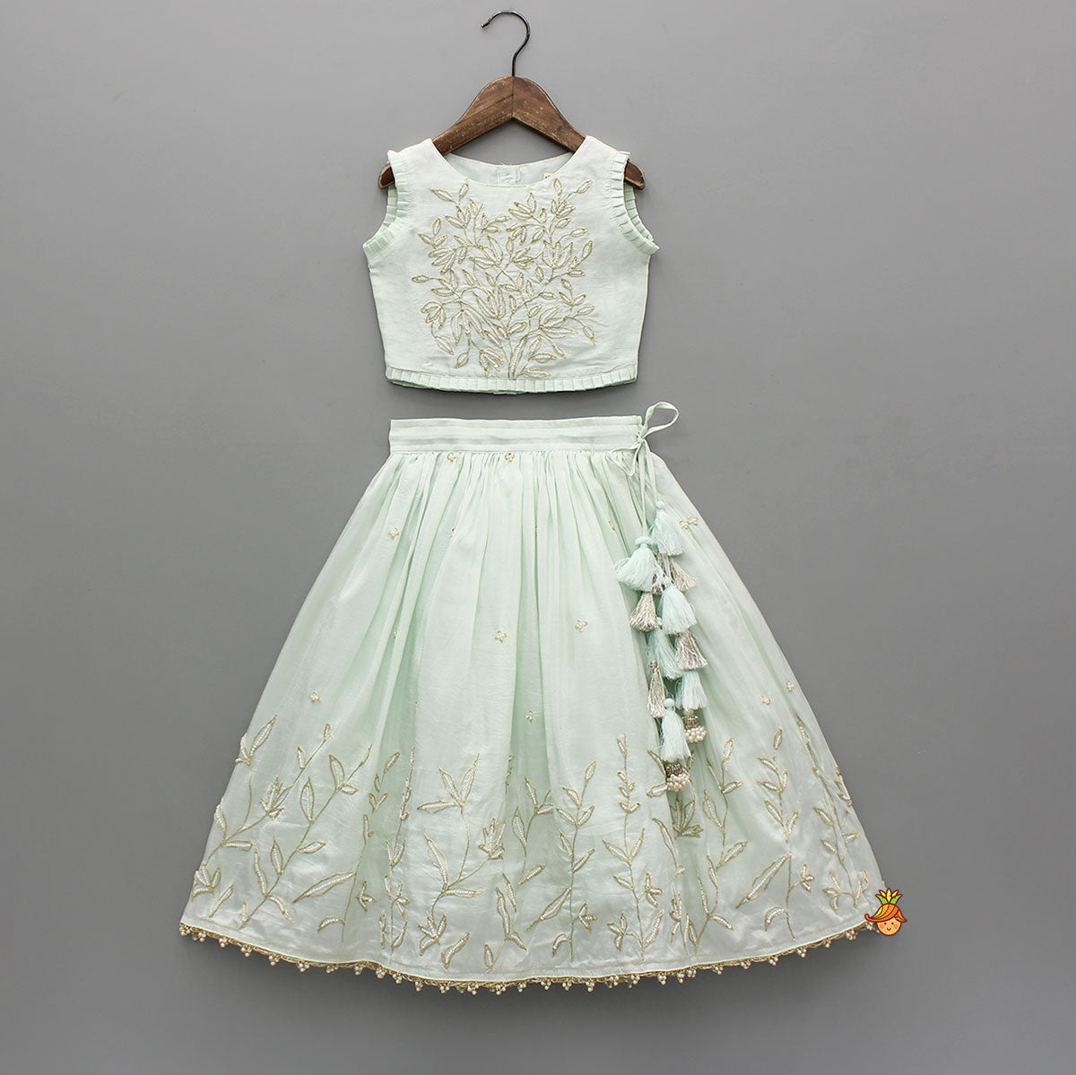 Elegant Floral Embroidered Pleat Detailed Top With Embroidered Lehenga