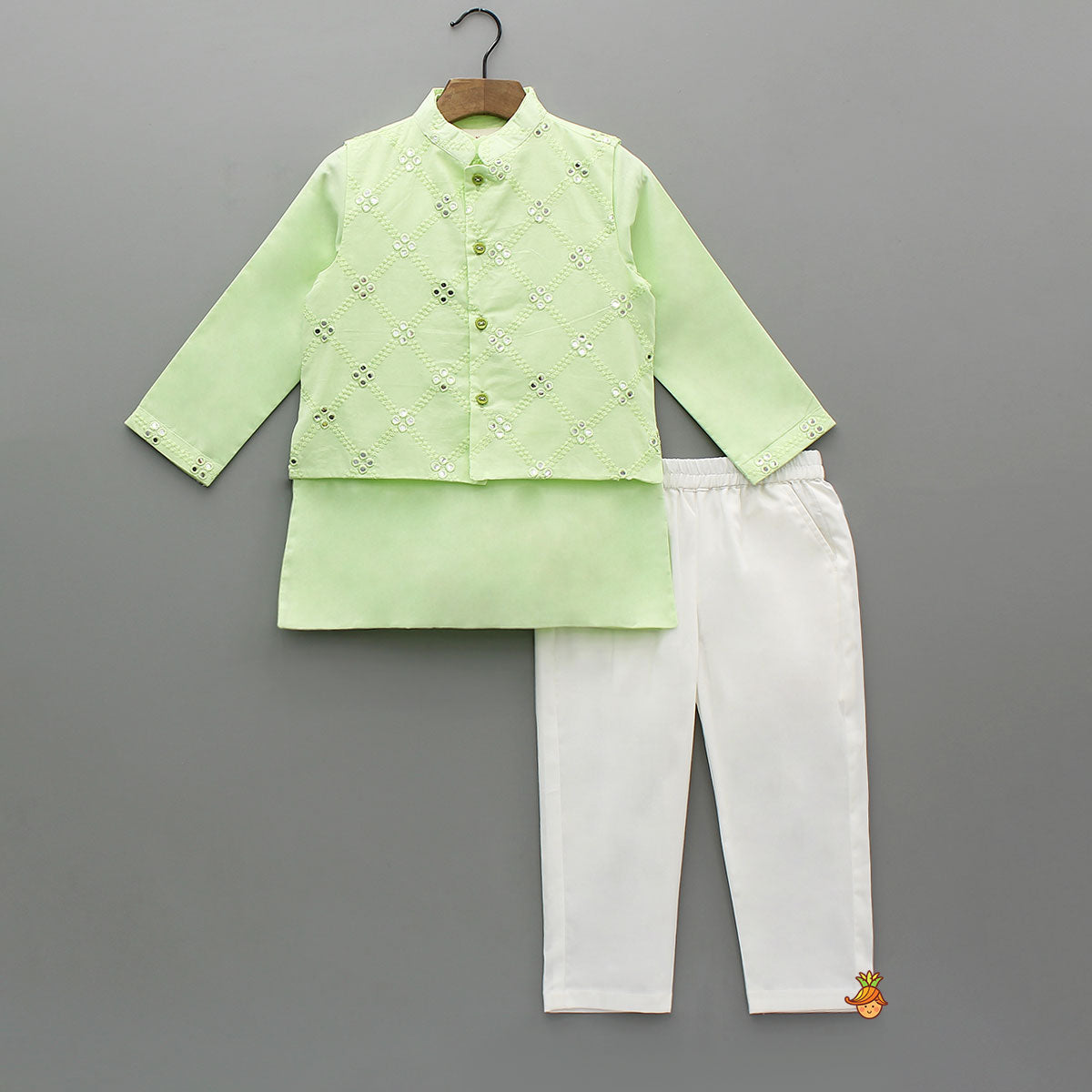 Ethnic Kurta With Faux Mirror Work Jacket And Pyjama