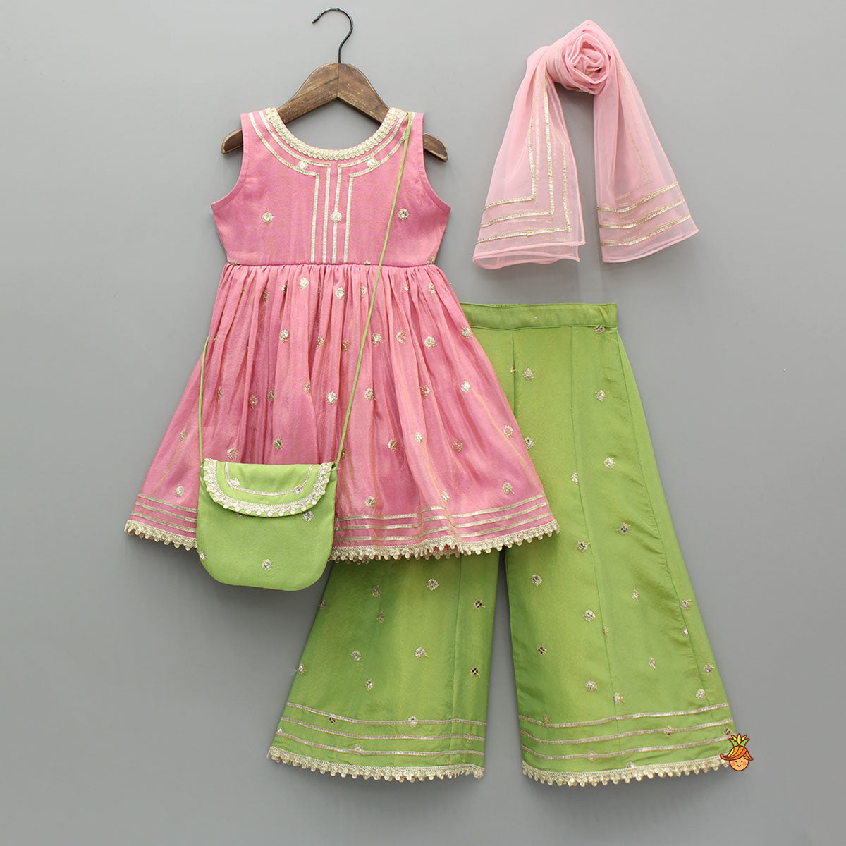 Beautiful Shimmery Kurti With Shimmery Palazzo And Dupatta With Sling Bag