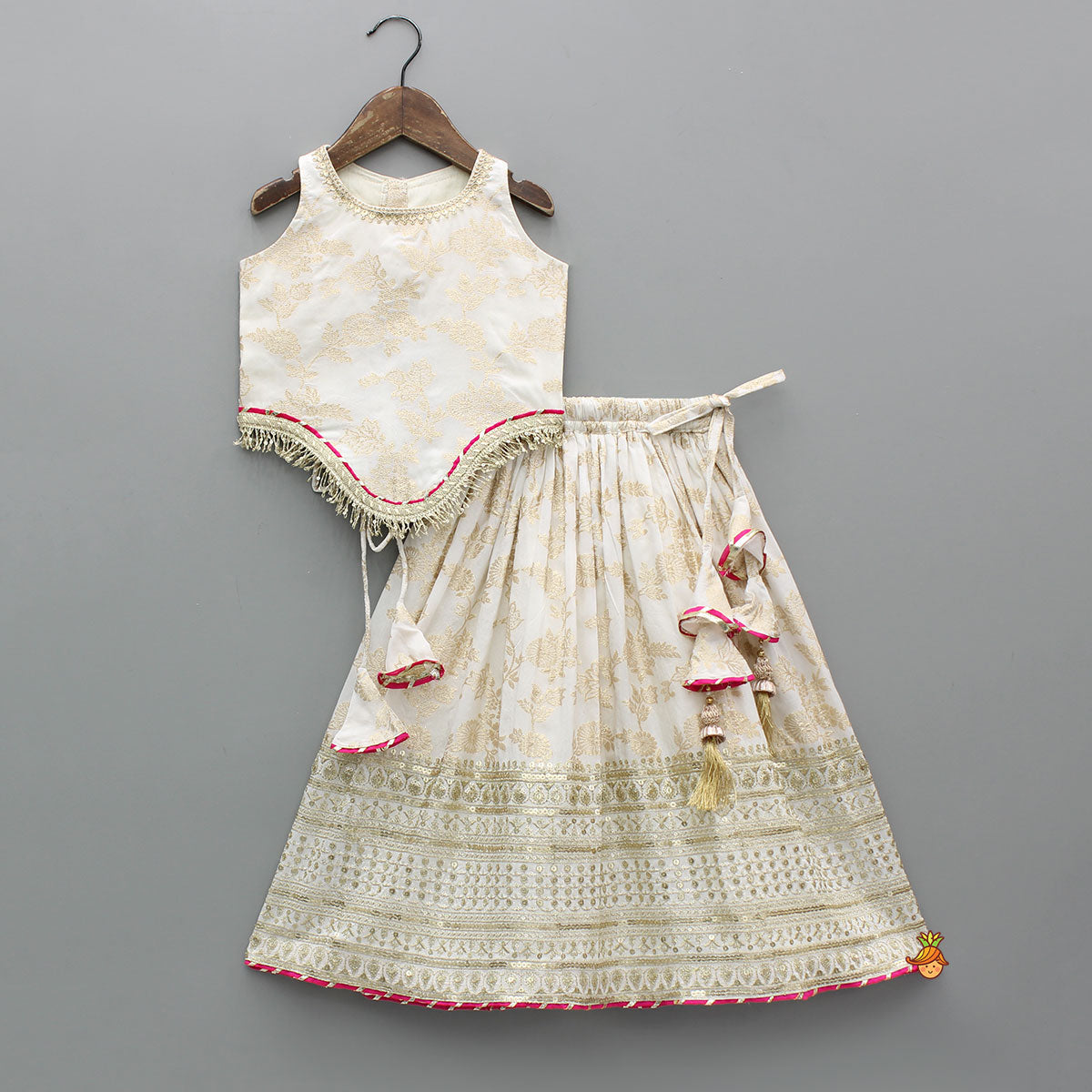 Lace Adorned Floral Sleeveless Top With Sequin Detailed Lehenga