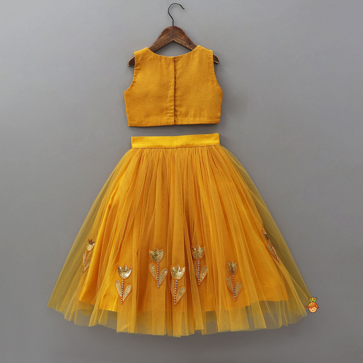 Sequins Embroidered Pleat Detailed Top With Tulle Lehenga And Dupatta