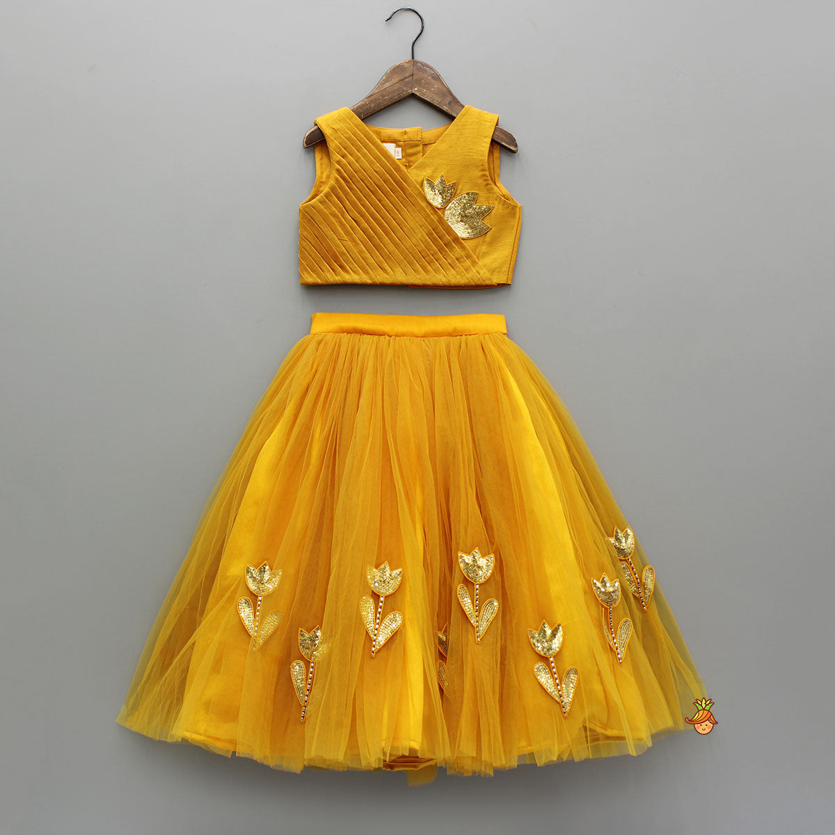 Sequins Embroidered Pleat Detailed Top With Tulle Lehenga And Dupatta