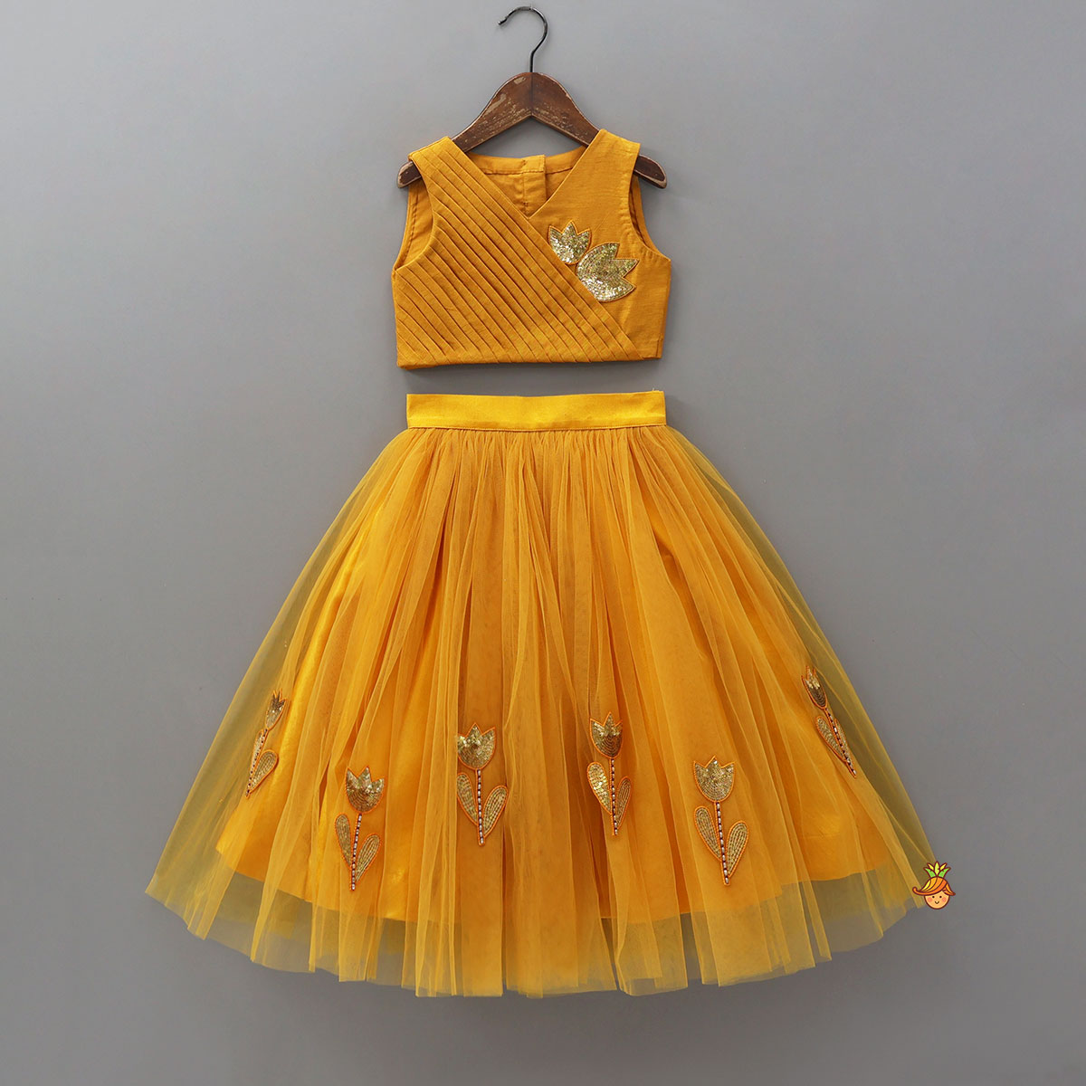 Sequins Embroidered Pleat Detailed Top With Tulle Lehenga And Dupatta