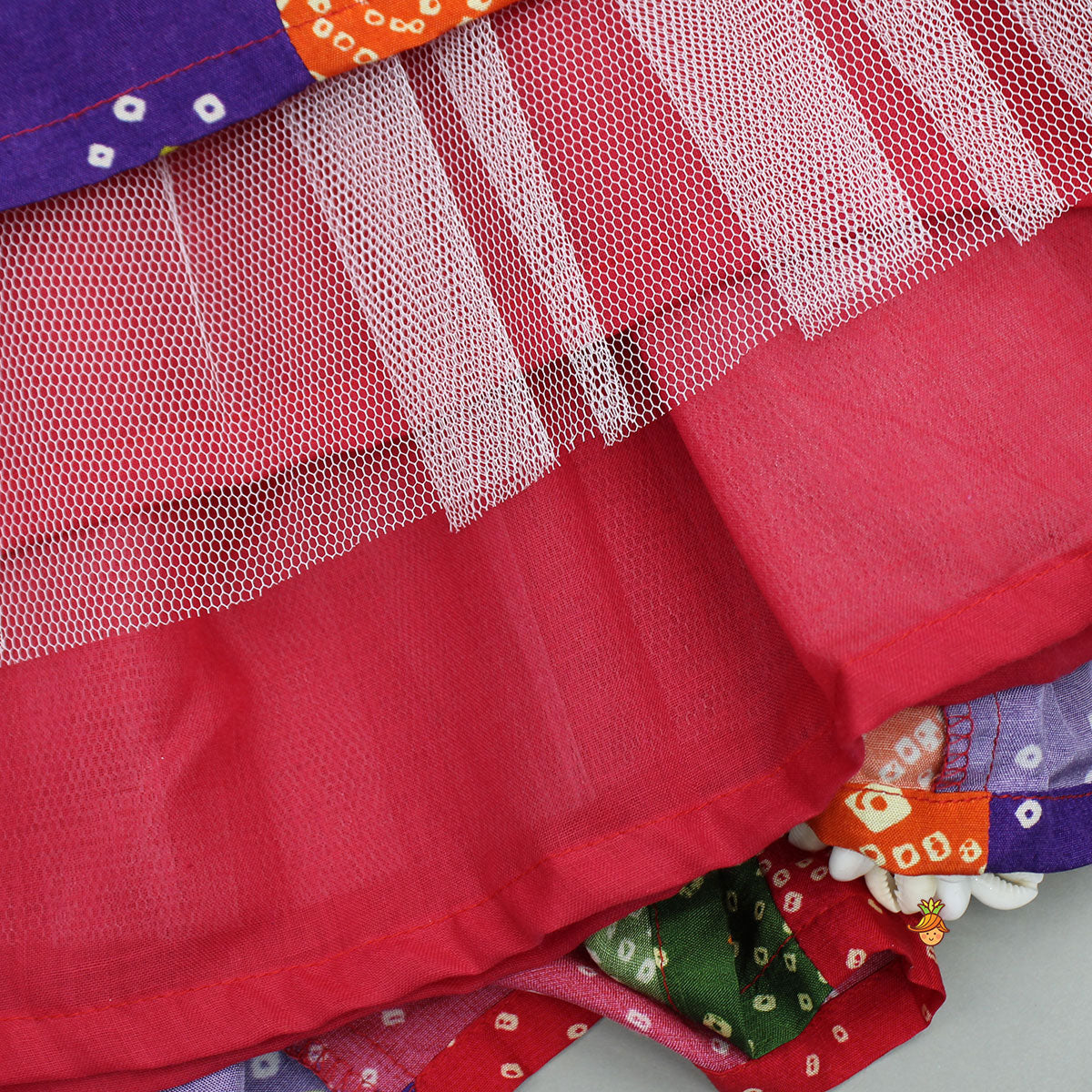 Beautiful Mirror Hand Embroidered Tie-up Top With Multicolour Bandhani Printed Lehenga And Bandana