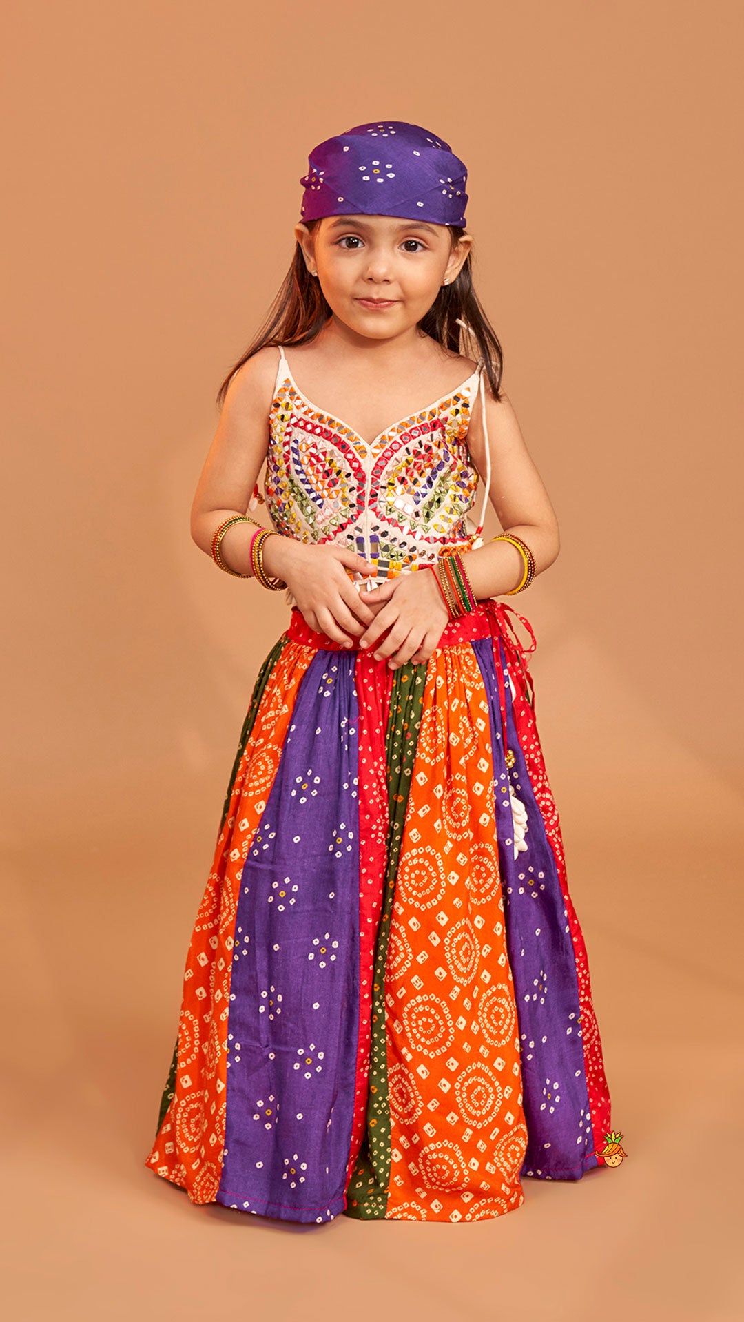 Beautiful Mirror Hand Embroidered Tie-up Top With Multicolour Bandhani Printed Lehenga And Bandana