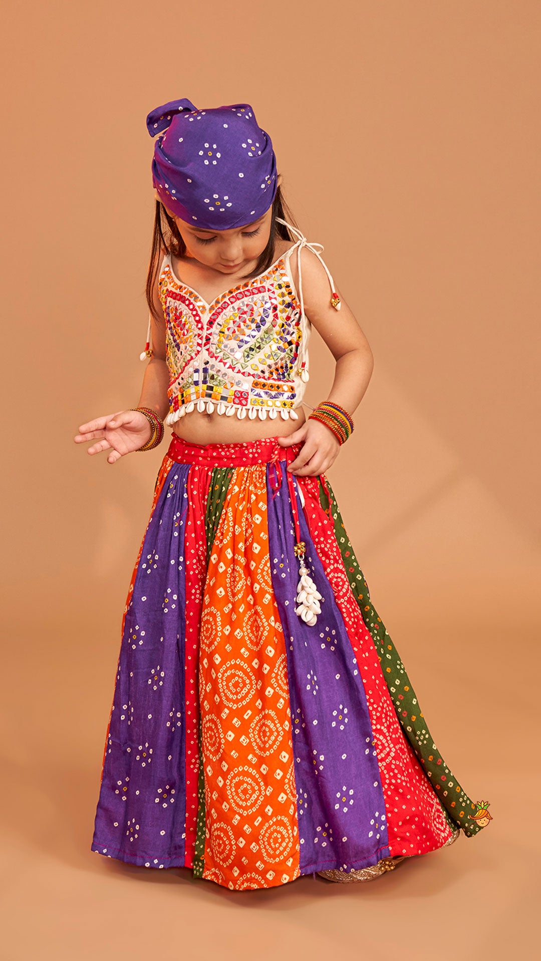 Beautiful Mirror Hand Embroidered Tie-up Top With Multicolour Bandhani Printed Lehenga And Bandana