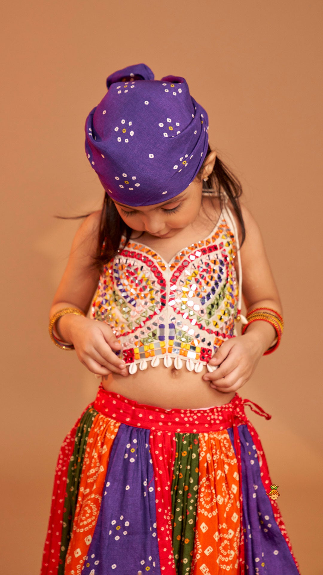 Beautiful Mirror Hand Embroidered Tie-up Top With Multicolour Bandhani Printed Lehenga And Bandana