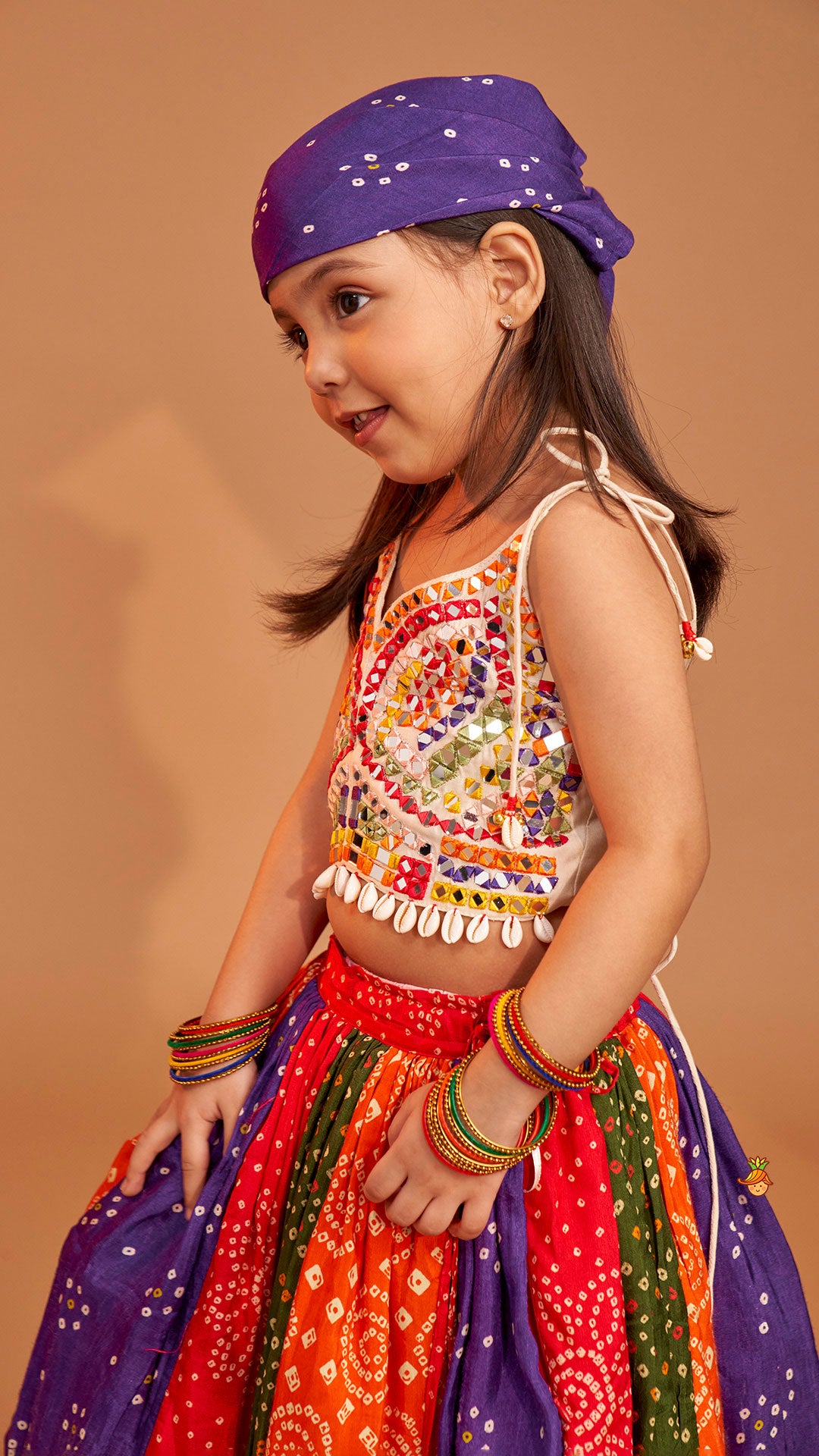 Beautiful Mirror Hand Embroidered Tie-up Top With Multicolour Bandhani Printed Lehenga And Bandana