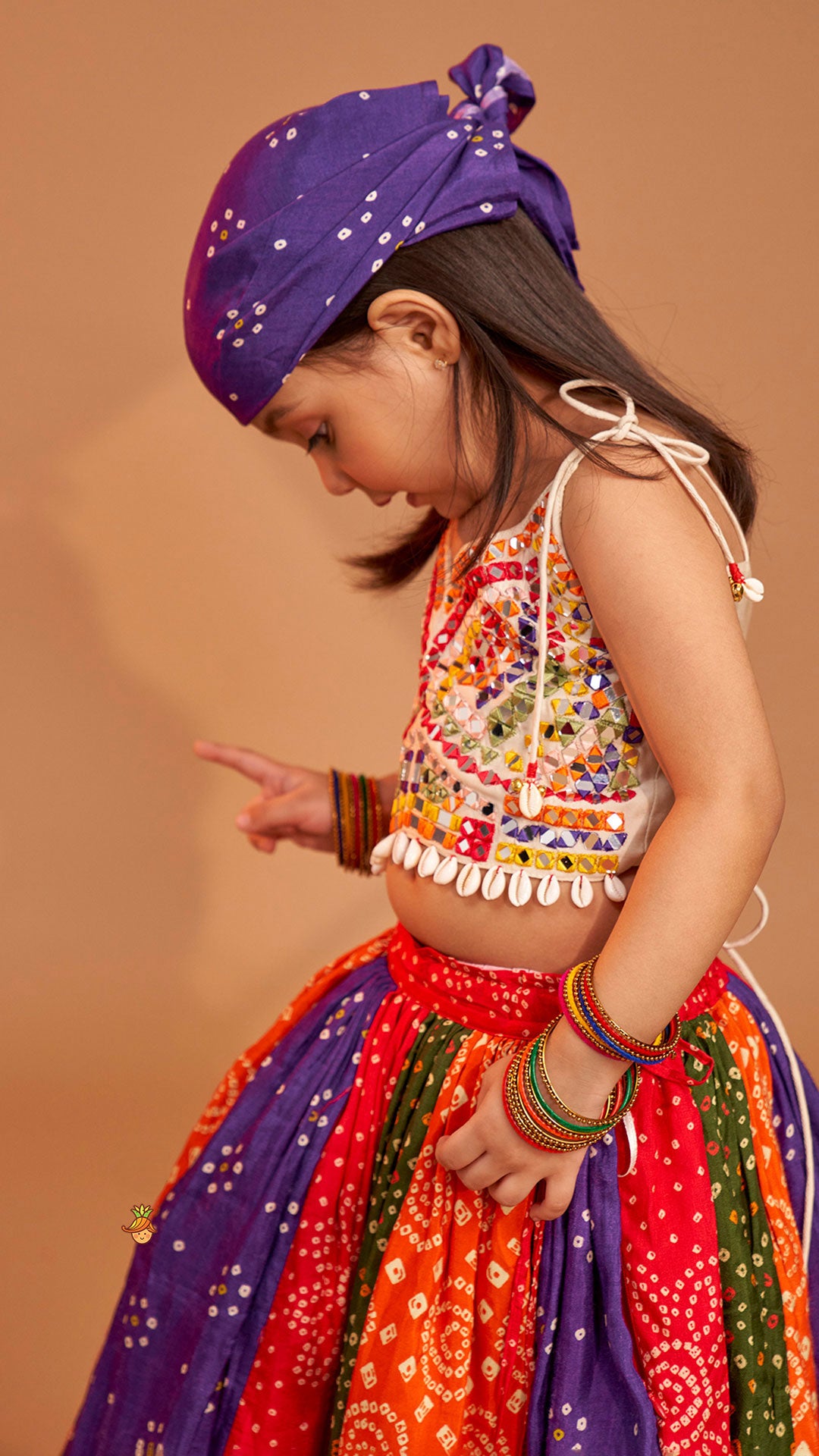 Beautiful Mirror Hand Embroidered Tie-up Top With Multicolour Bandhani Printed Lehenga And Bandana