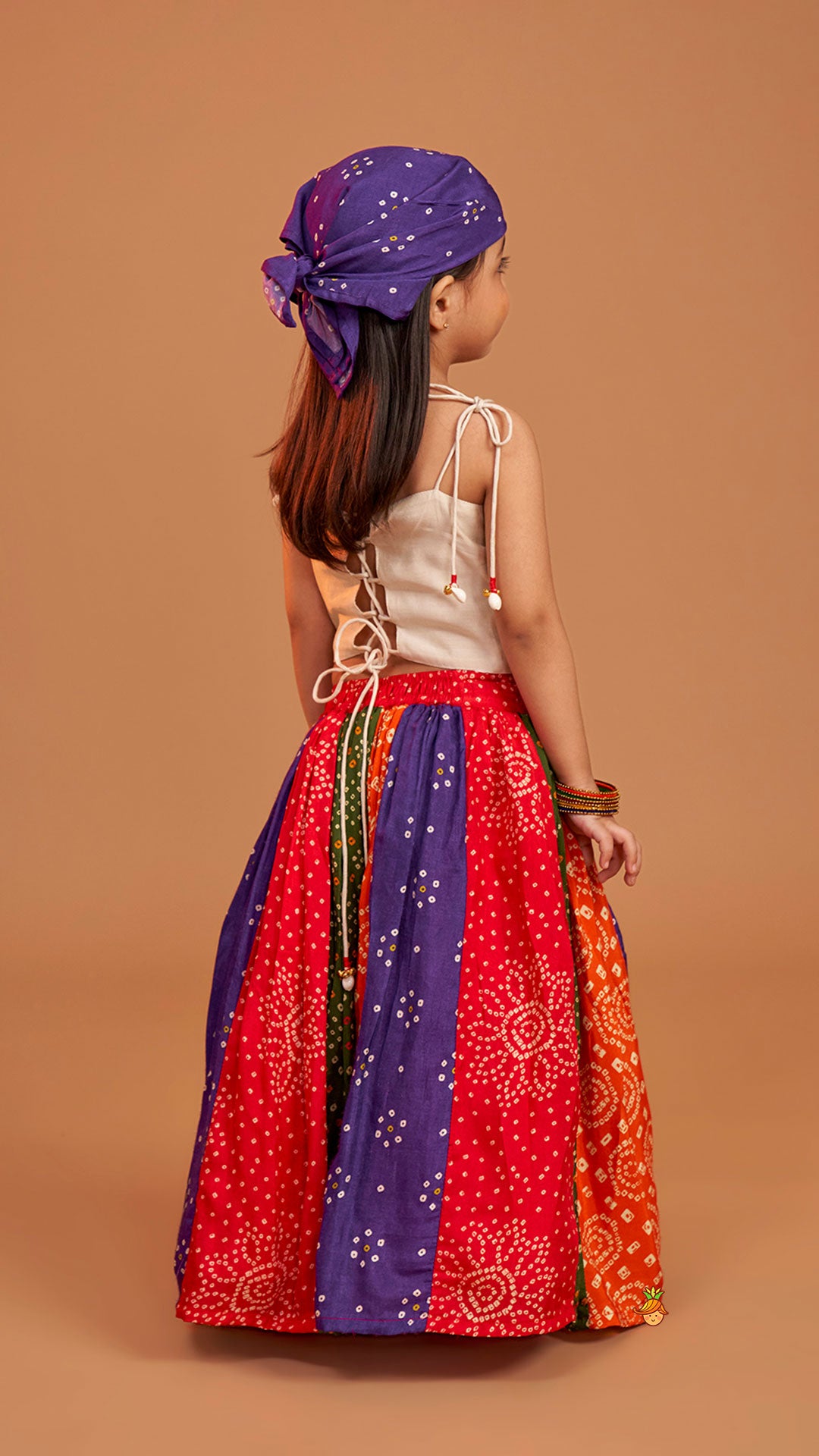 Beautiful Mirror Hand Embroidered Tie-up Top With Multicolour Bandhani Printed Lehenga And Bandana