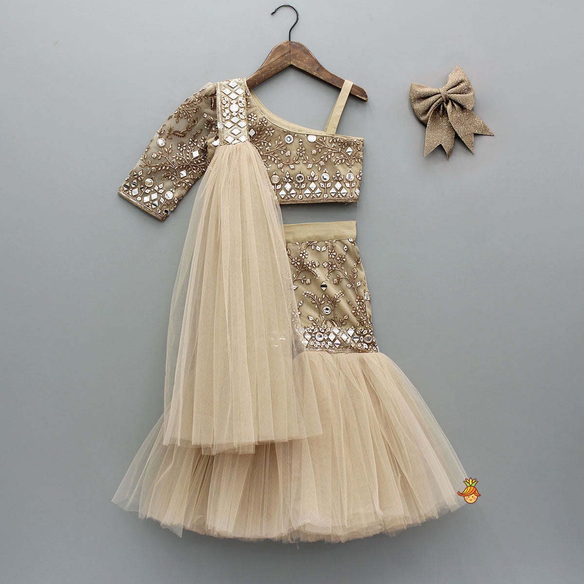Stunning Faux Mirror Embroidered One Shoulder Top With Sharara And Dupatta With Bow Hair Clip