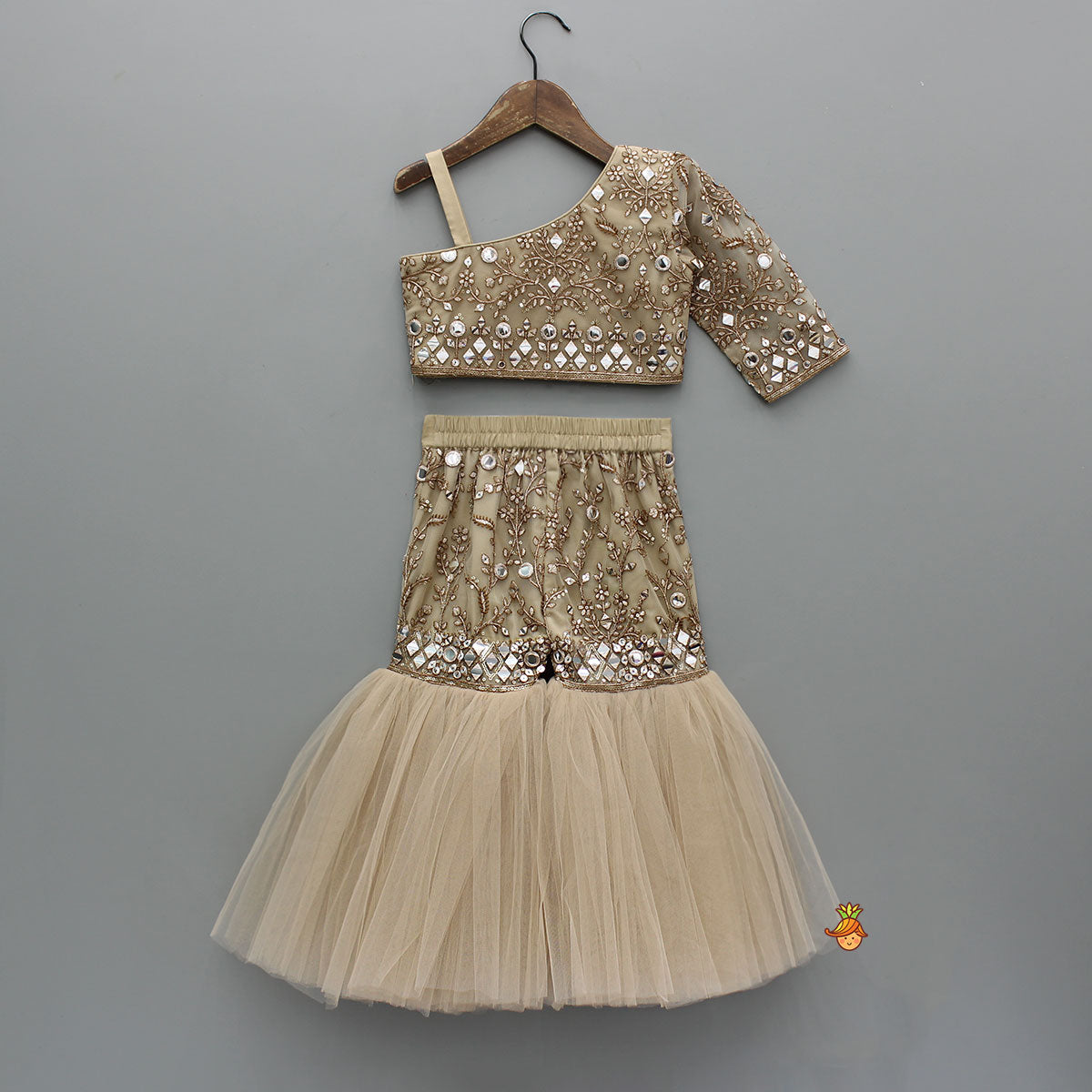 Stunning Faux Mirror Embroidered One Shoulder Top With Sharara And Dupatta With Bow Hair Clip