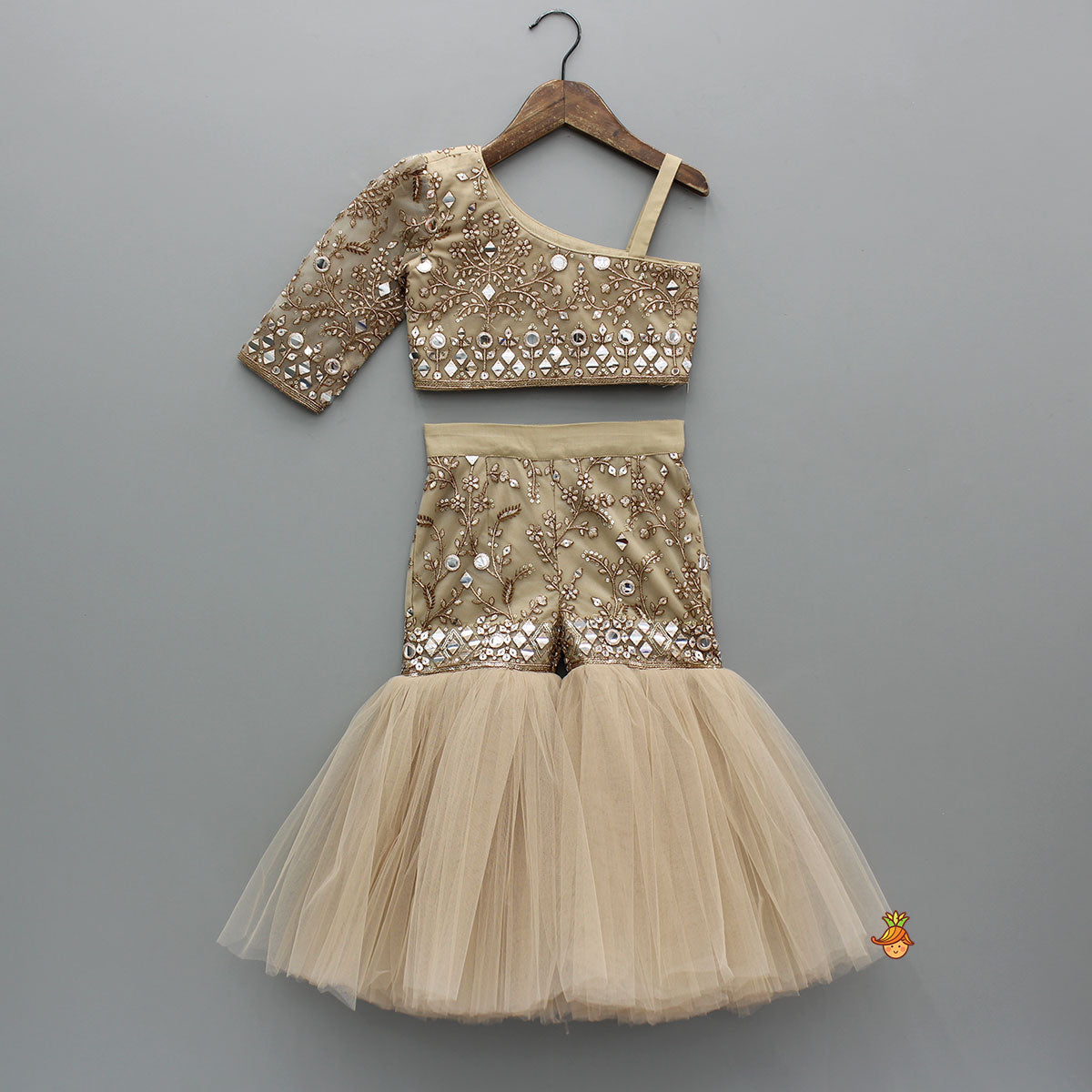 Stunning Faux Mirror Embroidered One Shoulder Top With Sharara And Dupatta With Bow Hair Clip