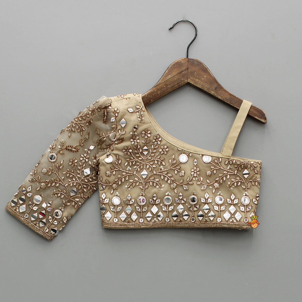 Stunning Faux Mirror Embroidered One Shoulder Top With Sharara And Dupatta With Bow Hair Clip
