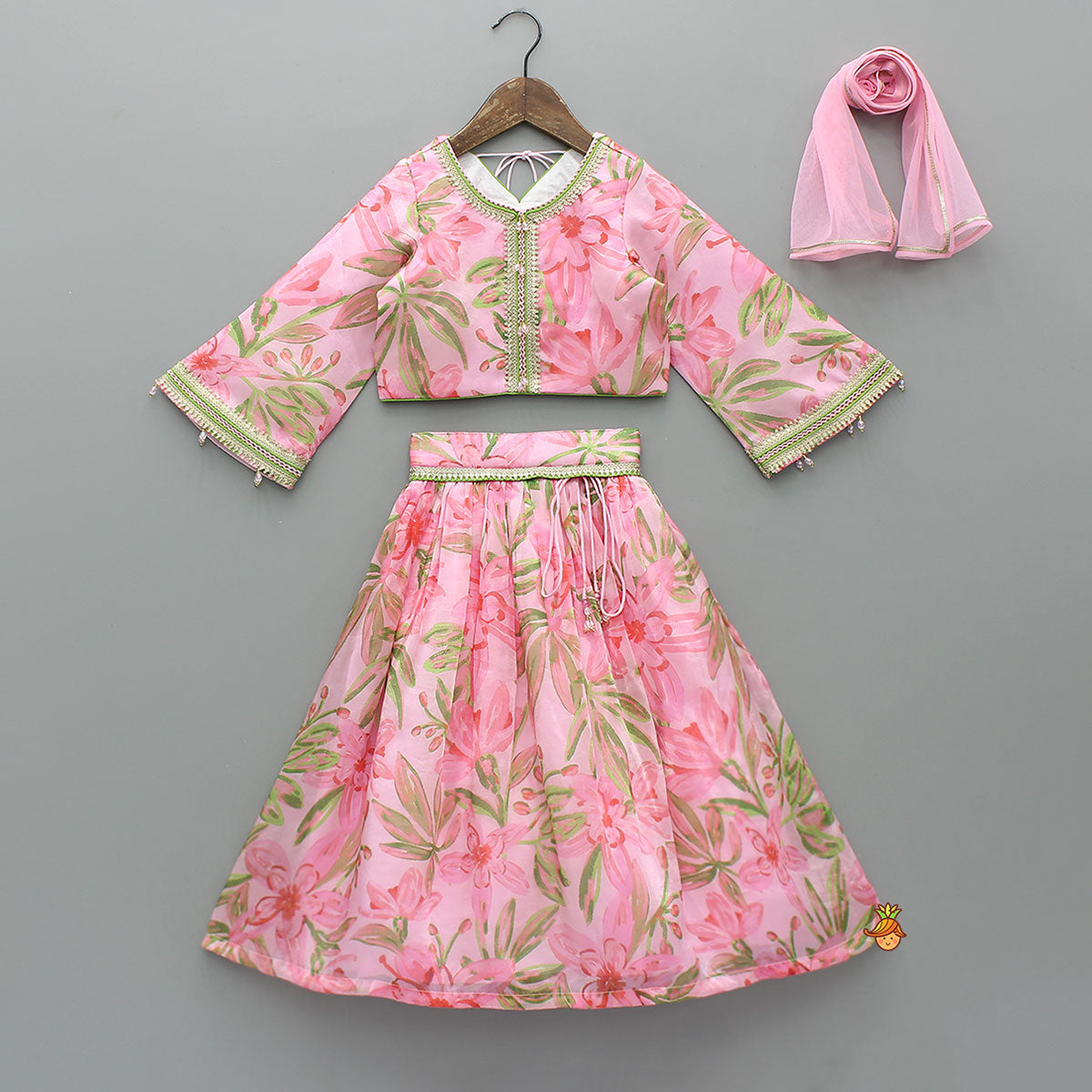 Floral Printed Lace Work Top With Matching Lehenga And Net Dupatta