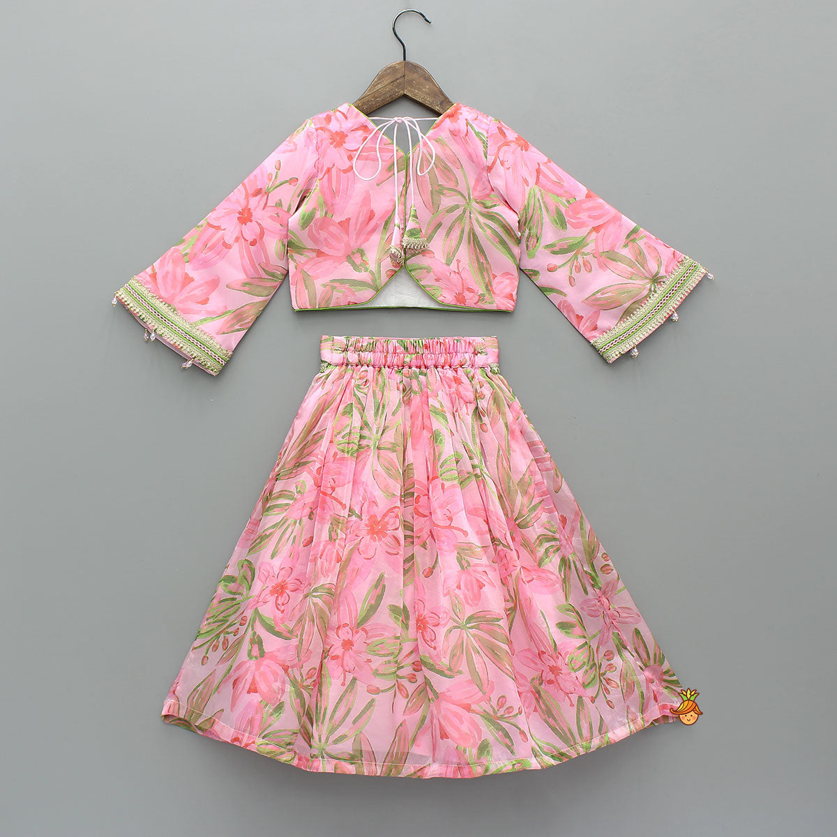 Floral Printed Lace Work Top With Matching Lehenga And Net Dupatta