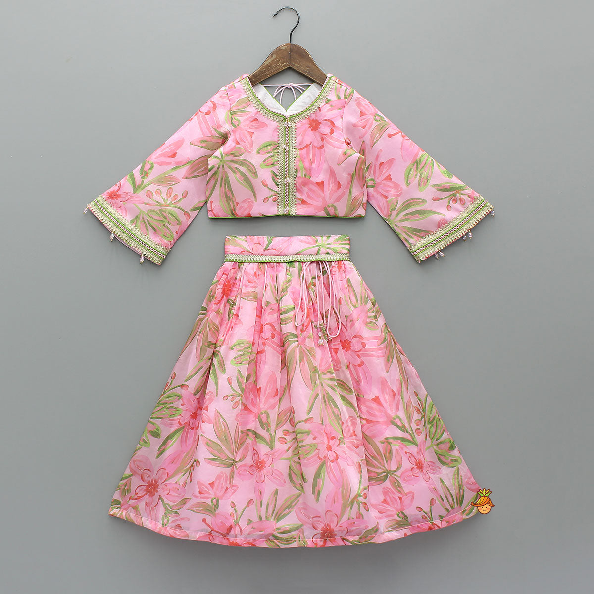 Floral Printed Lace Work Top With Matching Lehenga And Net Dupatta