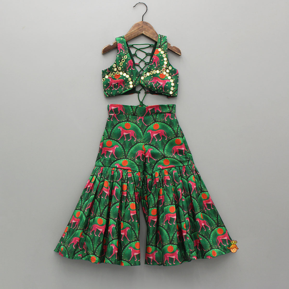 Green Printed Stylish Crop Top With Sharara