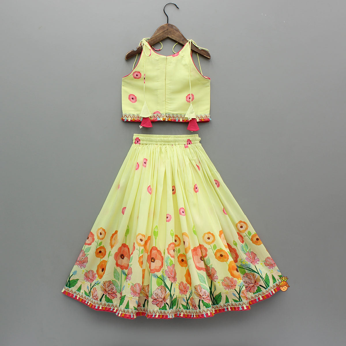 Yellow Floral Printed Tie Up Top With Matching Lehenga And Dupatta