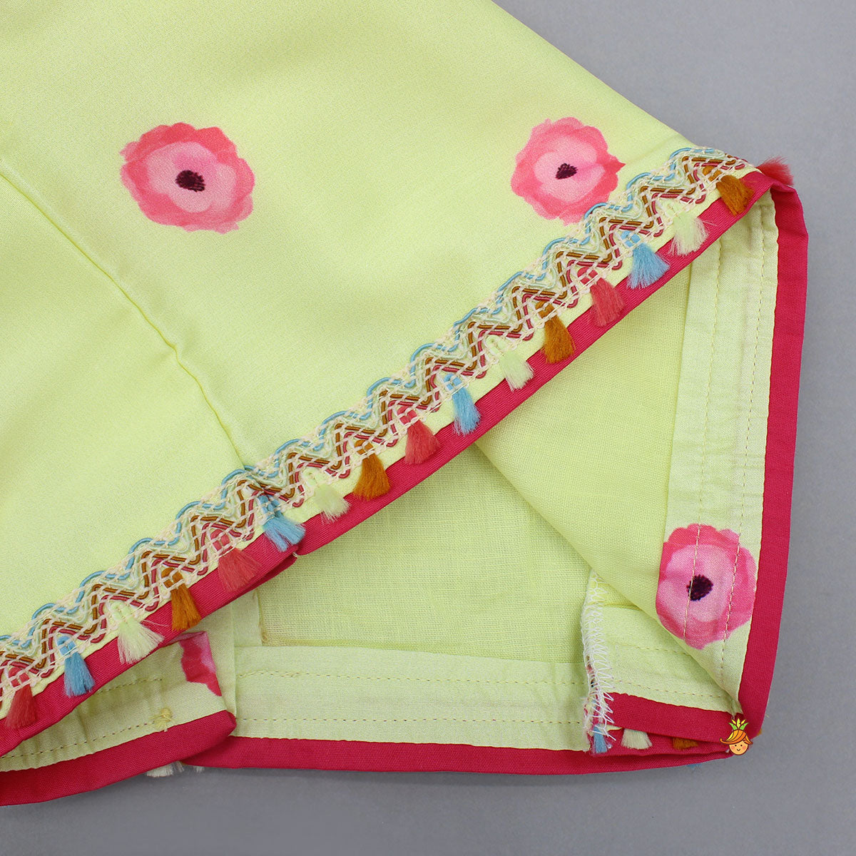 Yellow Floral Printed Tie Up Top With Matching Lehenga And Dupatta