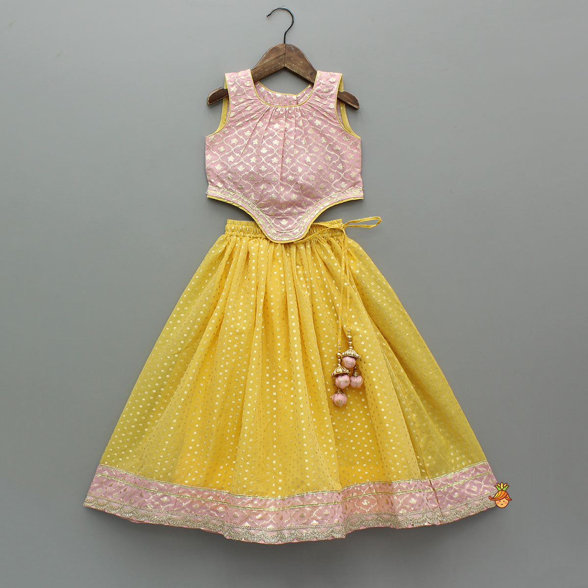Pink Brocade Top With Yellow Chanderi Lehenga And Dupatta