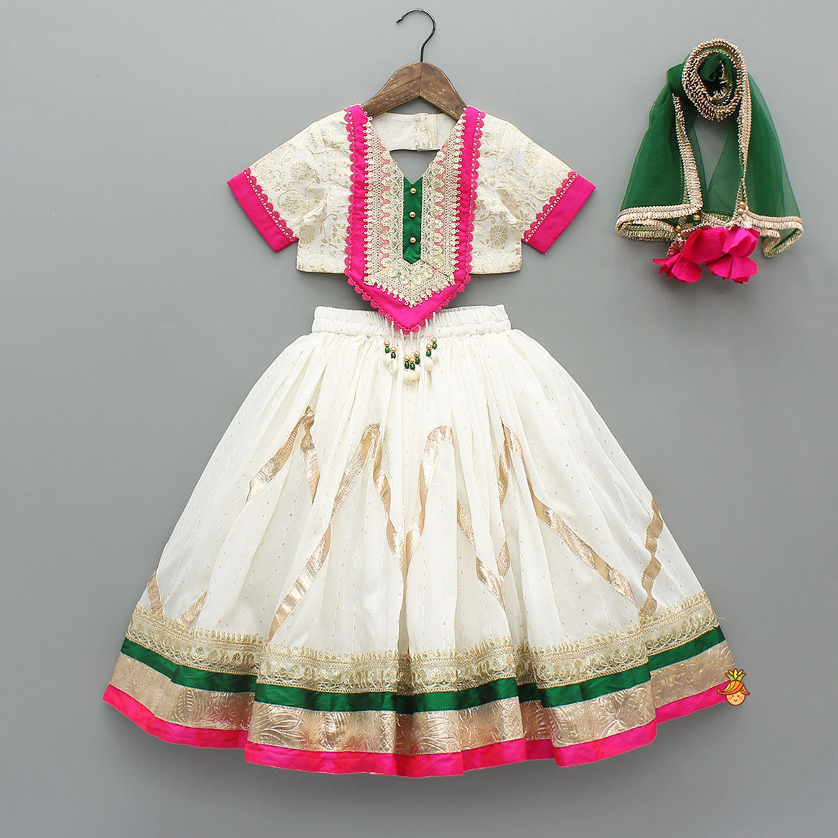 Off White Brocade Top With Lehenga And Dupatta