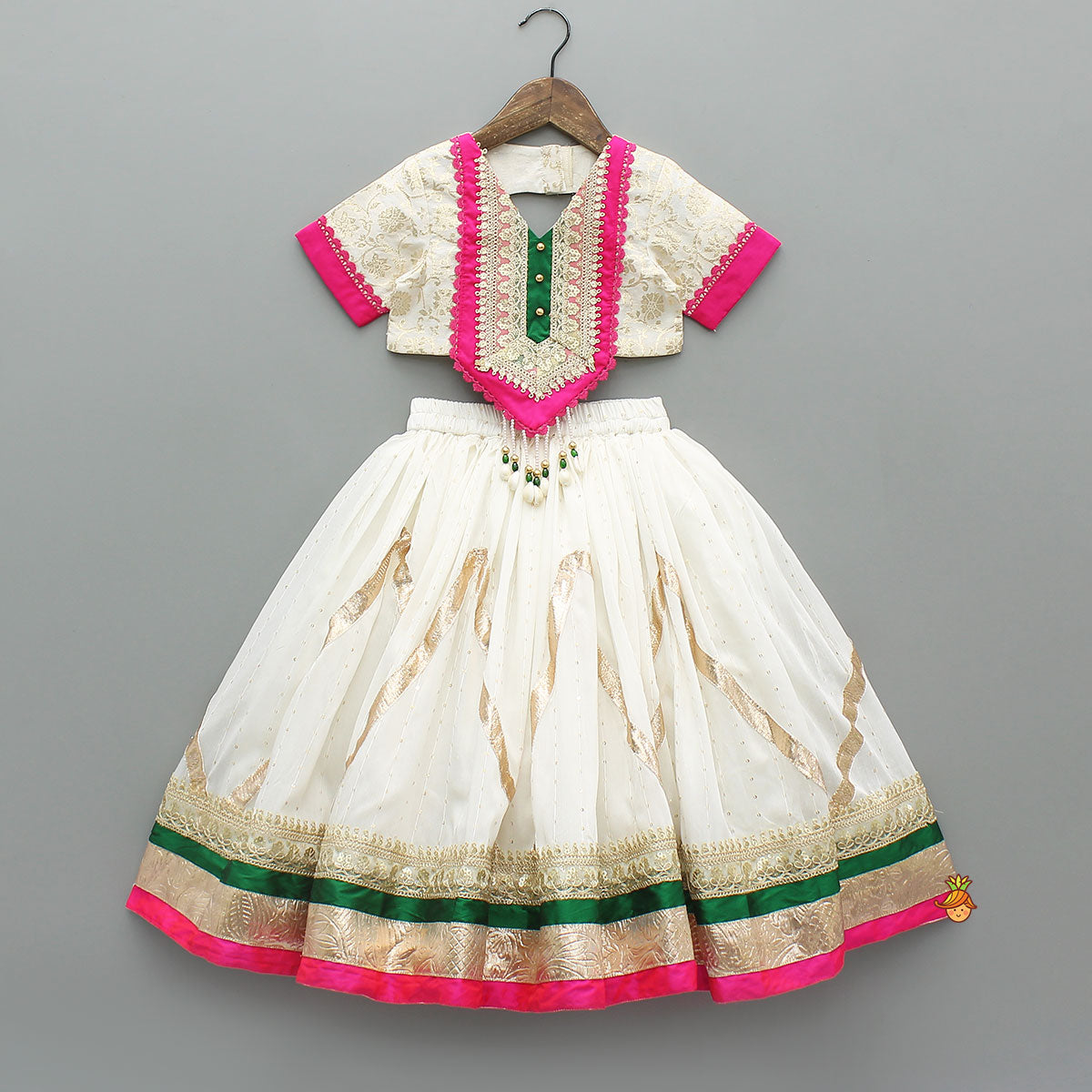 Off White Brocade Top With Lehenga And Dupatta