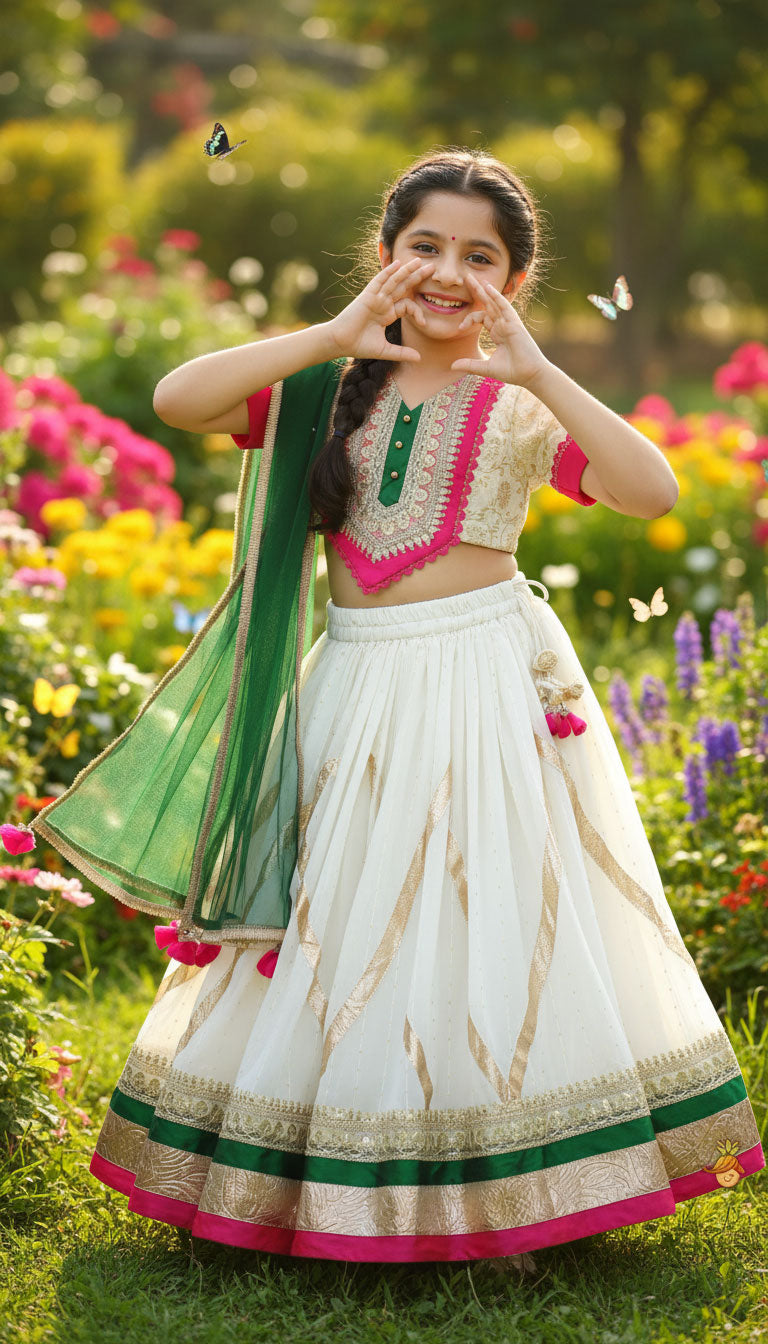 Off White Brocade Top With Lehenga And Dupatta