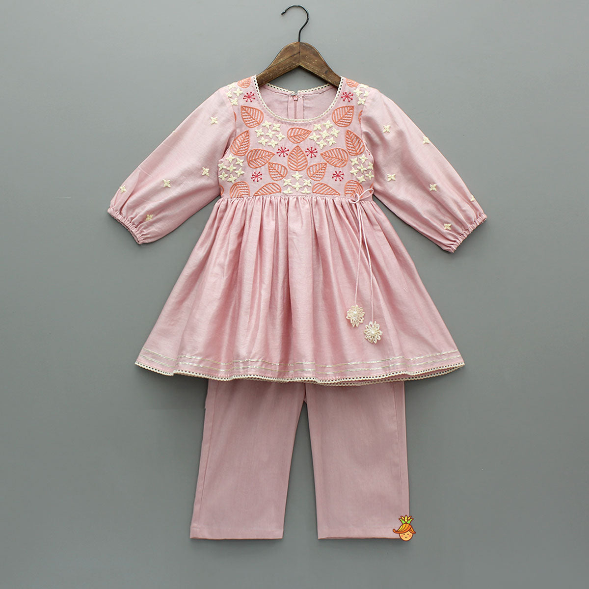 Thread Embroidered Pink Silk Kurti And Pant