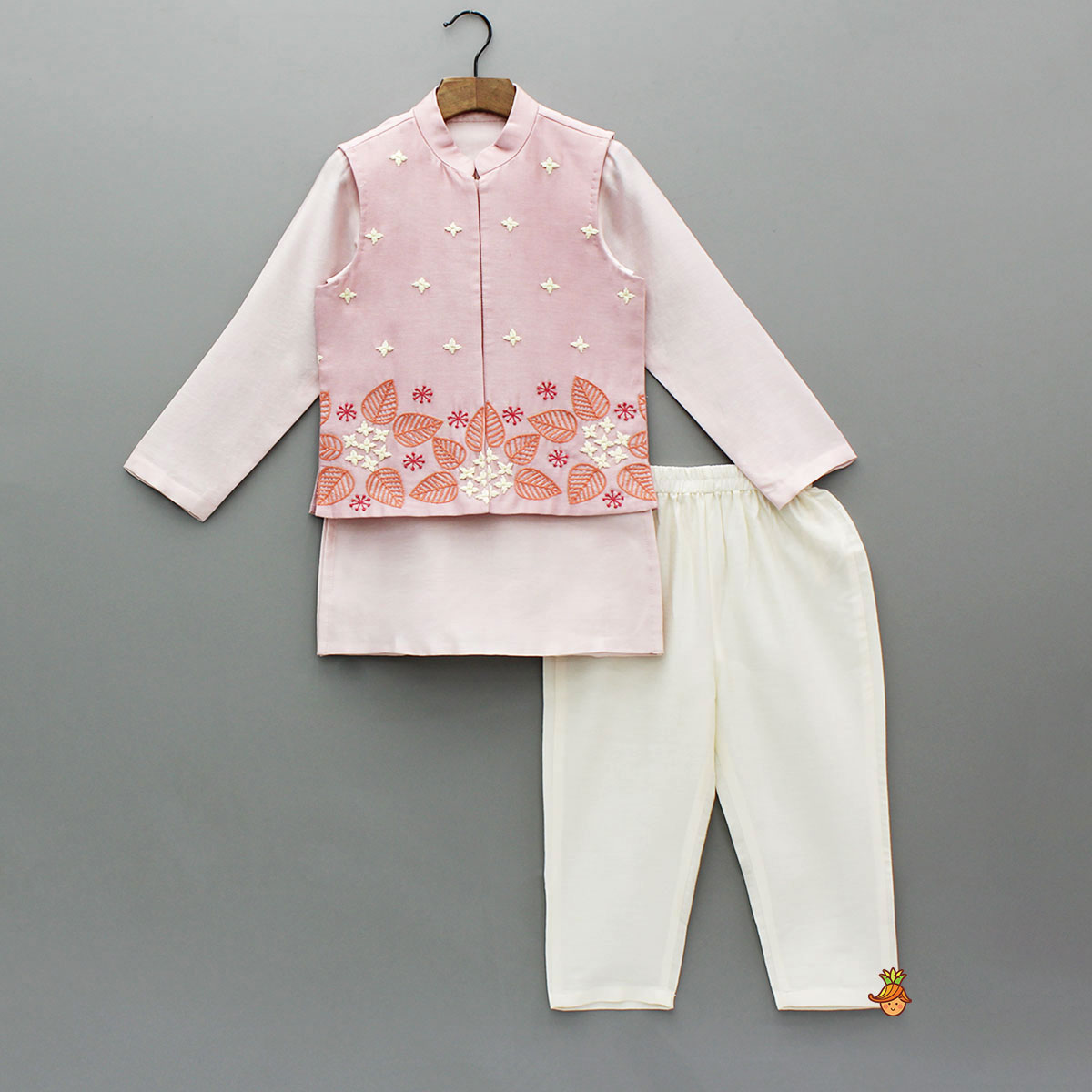 Pink Kurta With Hand Embroidered Jacket And Pyjama