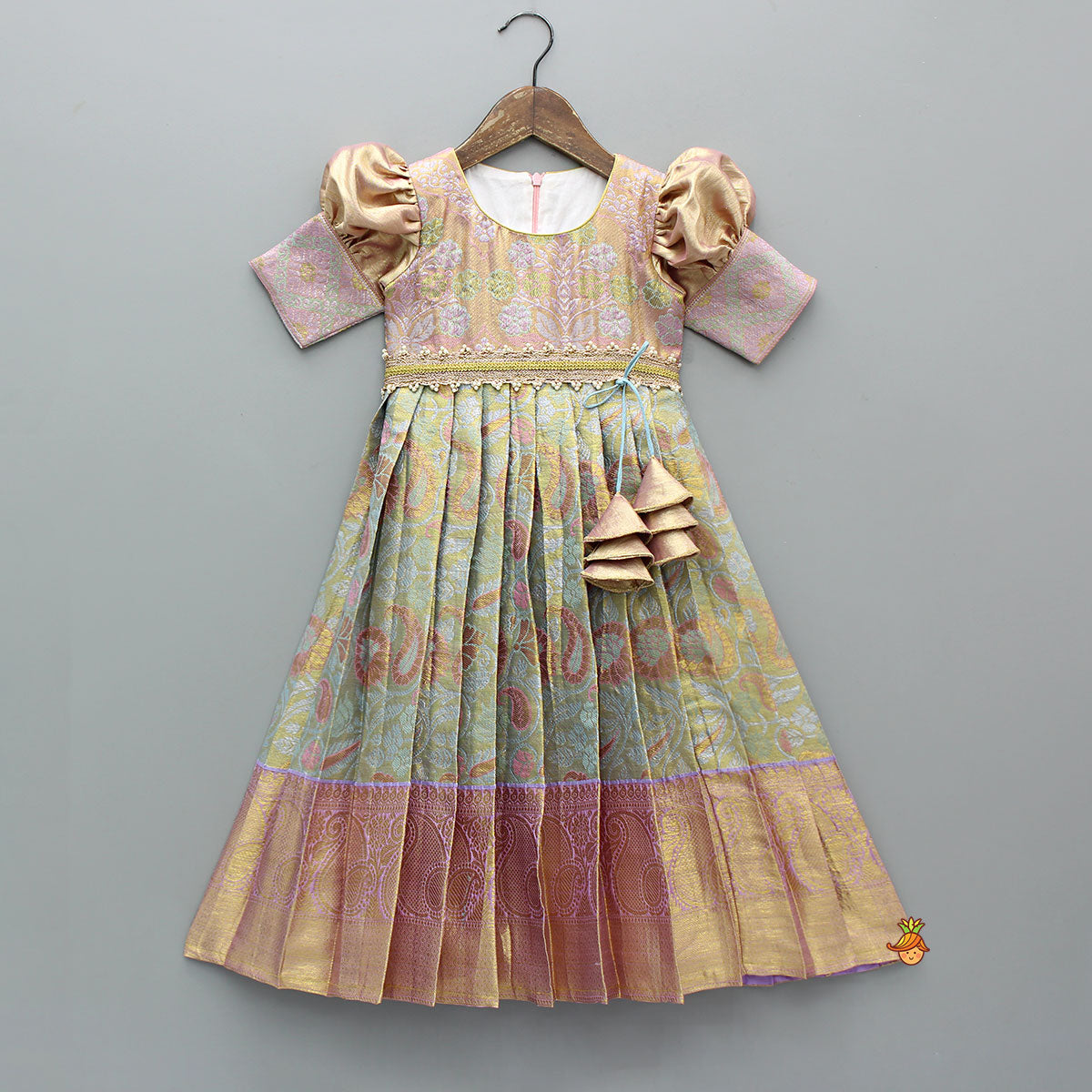 Elegant Brocade Puffed Sleeve Dress With Detachable Waistband
