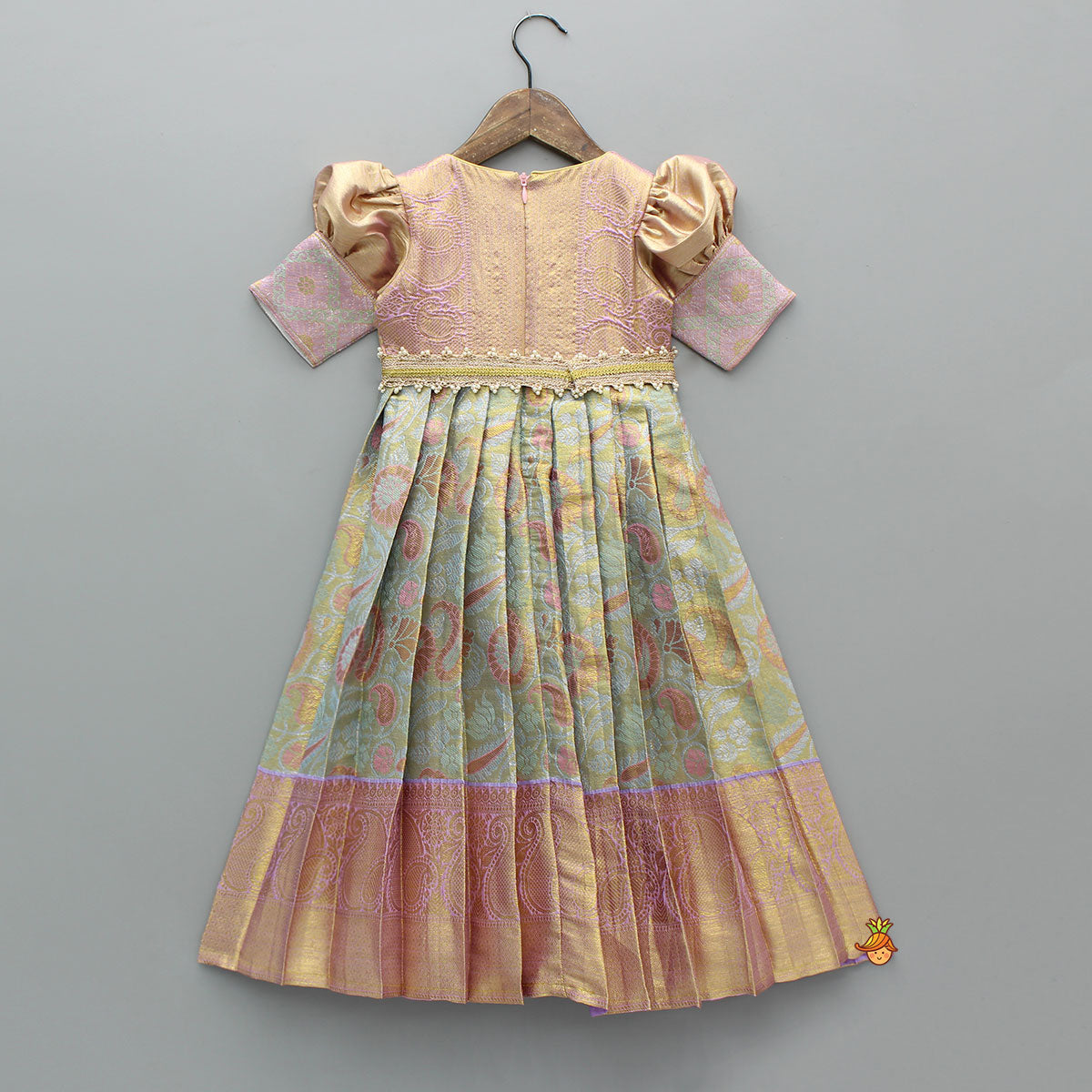 Elegant Brocade Puffed Sleeve Dress With Detachable Waistband