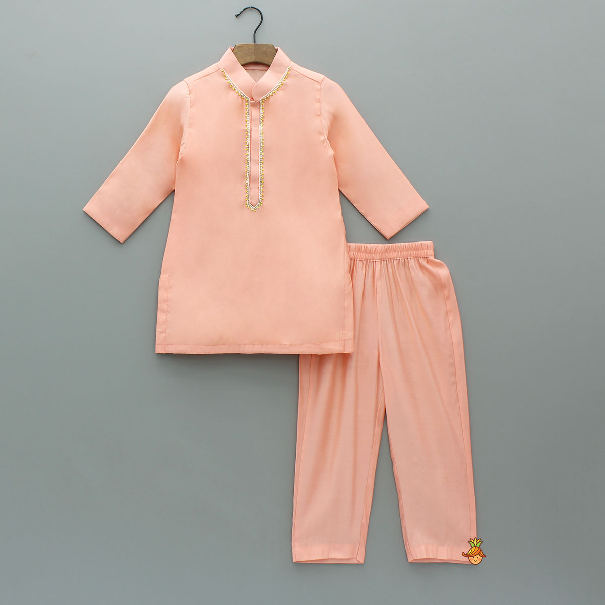 Ethnic Bead Detailed Kurta With Front Open Floral Jacket And Pyjama