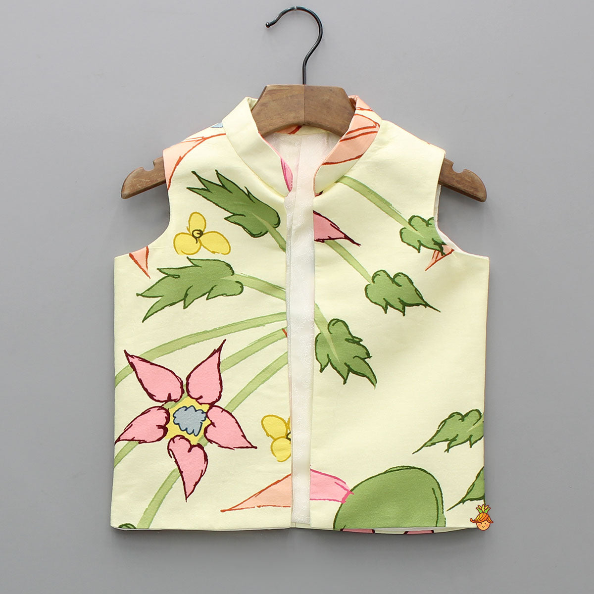 Ethnic Bead Detailed Kurta With Front Open Floral Jacket And Pyjama