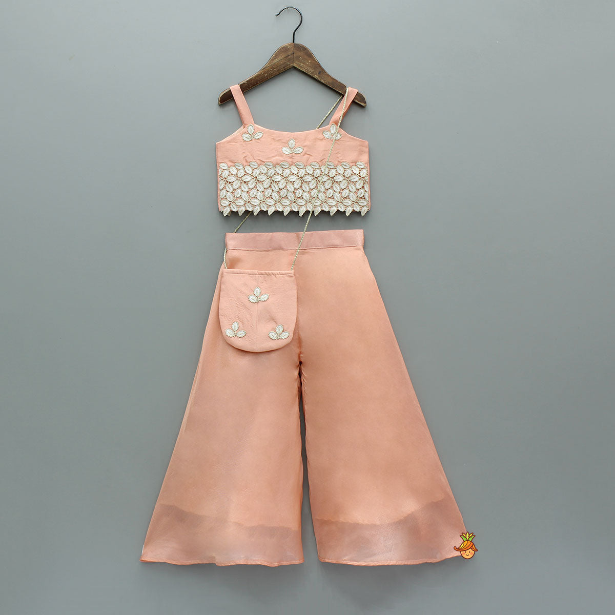 Shimmery Floral Detailed Top With Shimmery Palazzo And Sling Bag