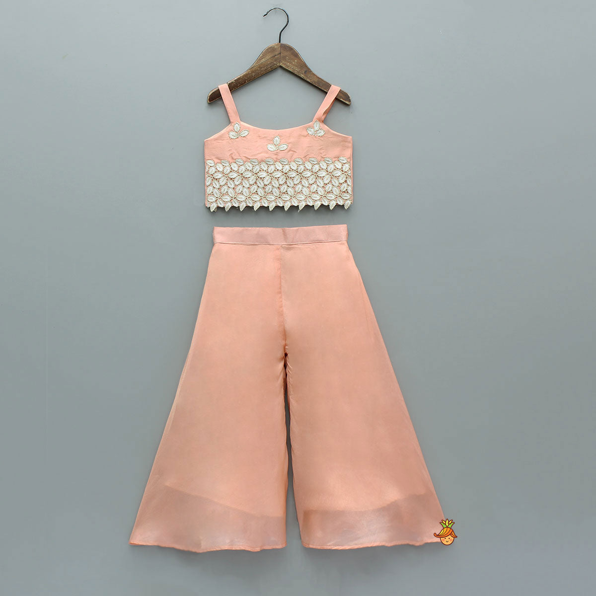 Shimmery Floral Detailed Top With Shimmery Palazzo And Sling Bag