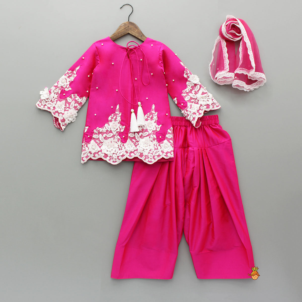 Floral Embroidered Applique Detailed Kurti With Farsi Salwar And Dupatta