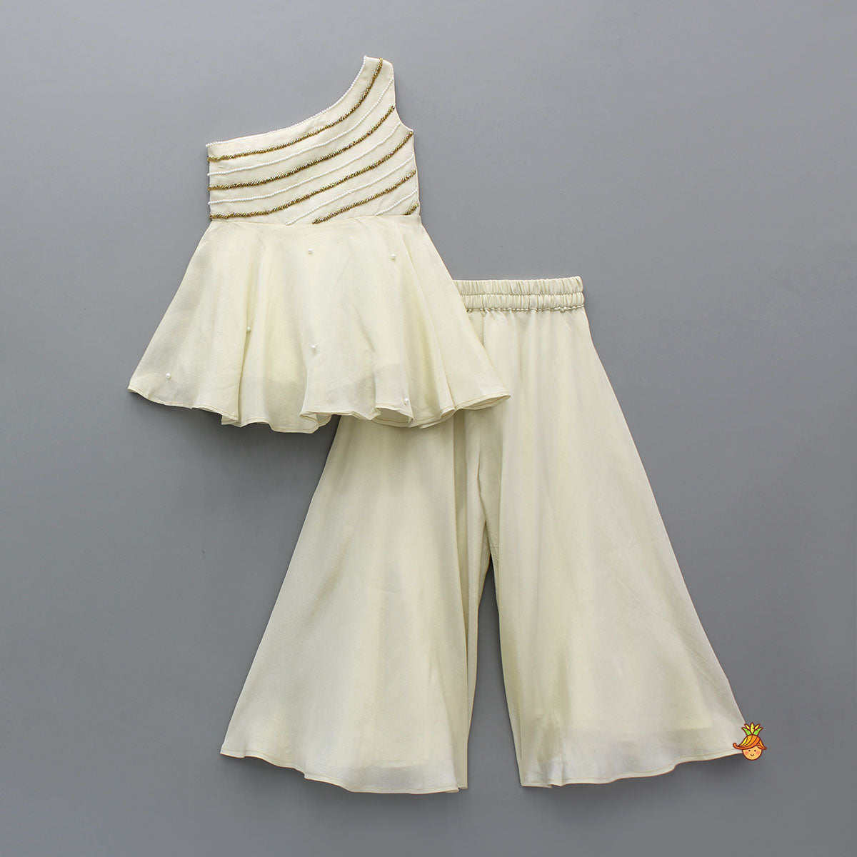 Shimmery One Shoulder Embroidered Top With Shimmery Palazzo