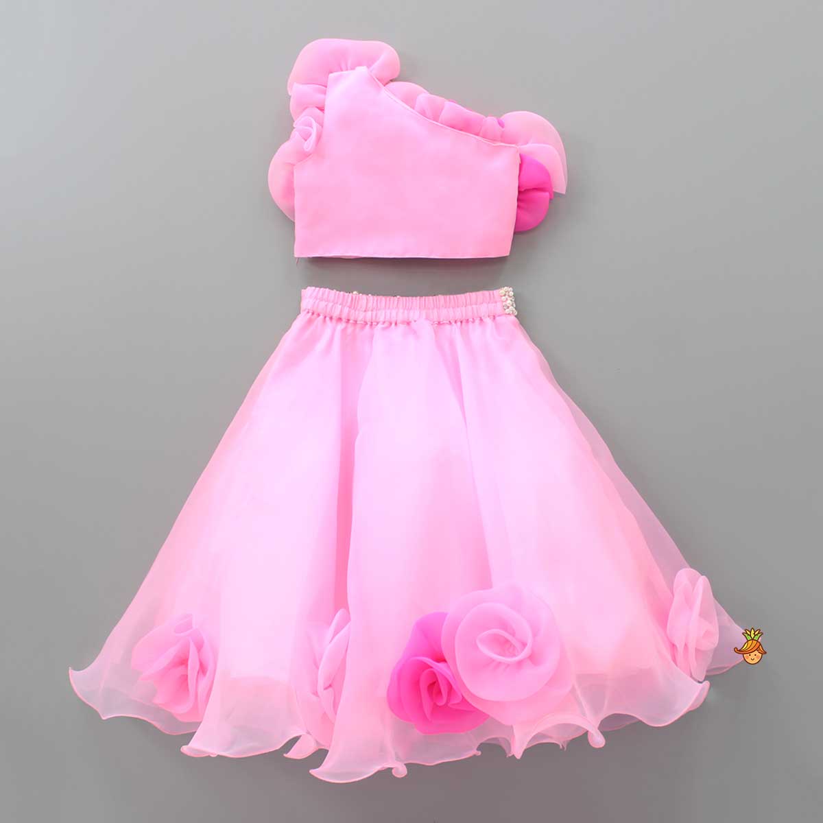 Organza One Shoulder Pink Top And Flower Adorned Flared Lehenga