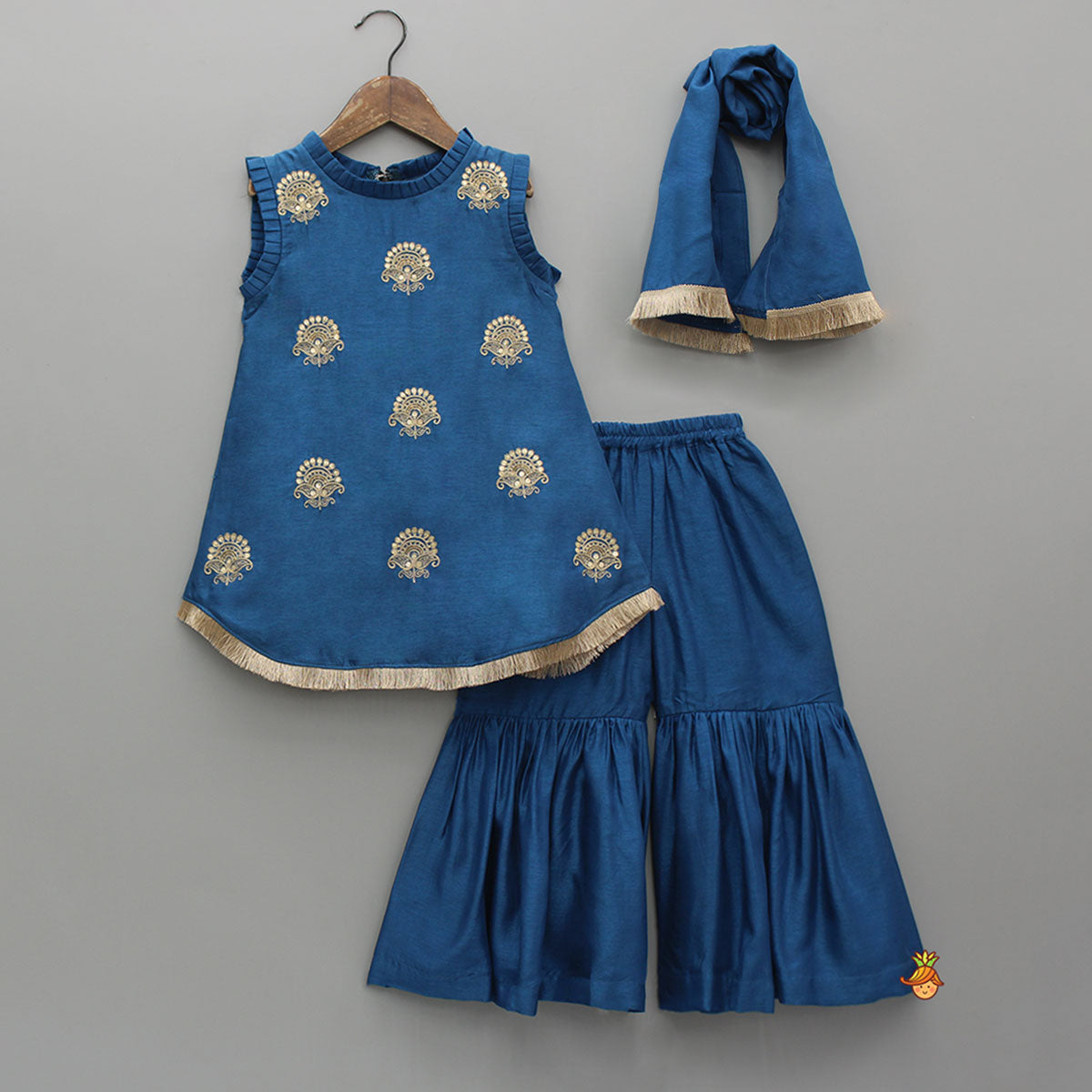 Blue Pleat Detailed Zari Embroidered Kurti With Sharara And Dupatta