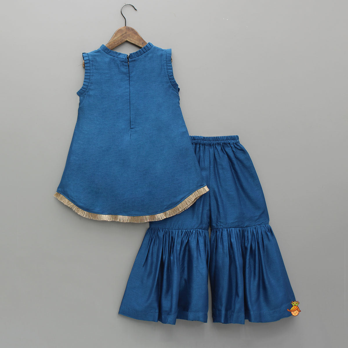 Blue Pleat Detailed Zari Embroidered Kurti With Sharara And Dupatta