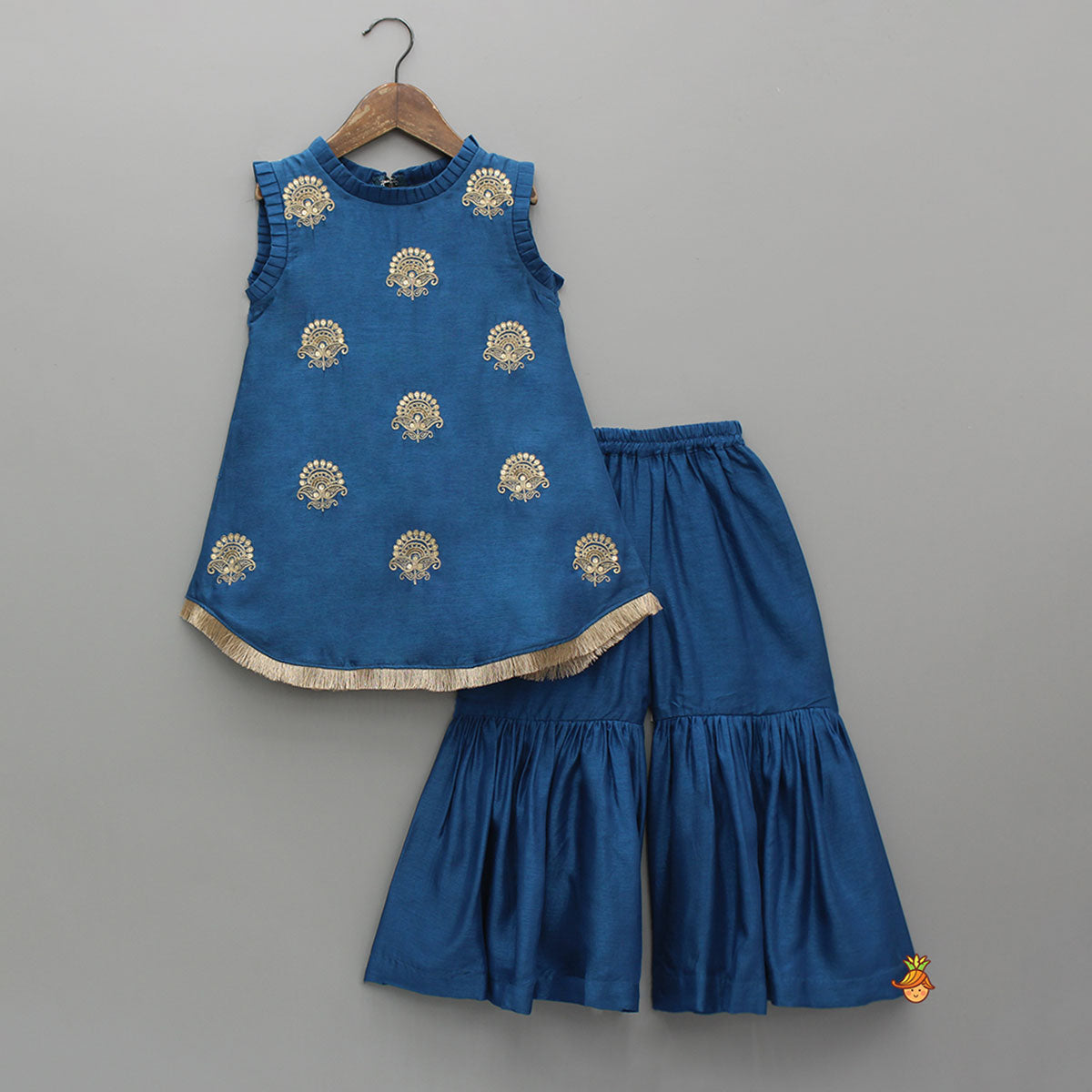 Blue Pleat Detailed Zari Embroidered Kurti With Sharara And Dupatta