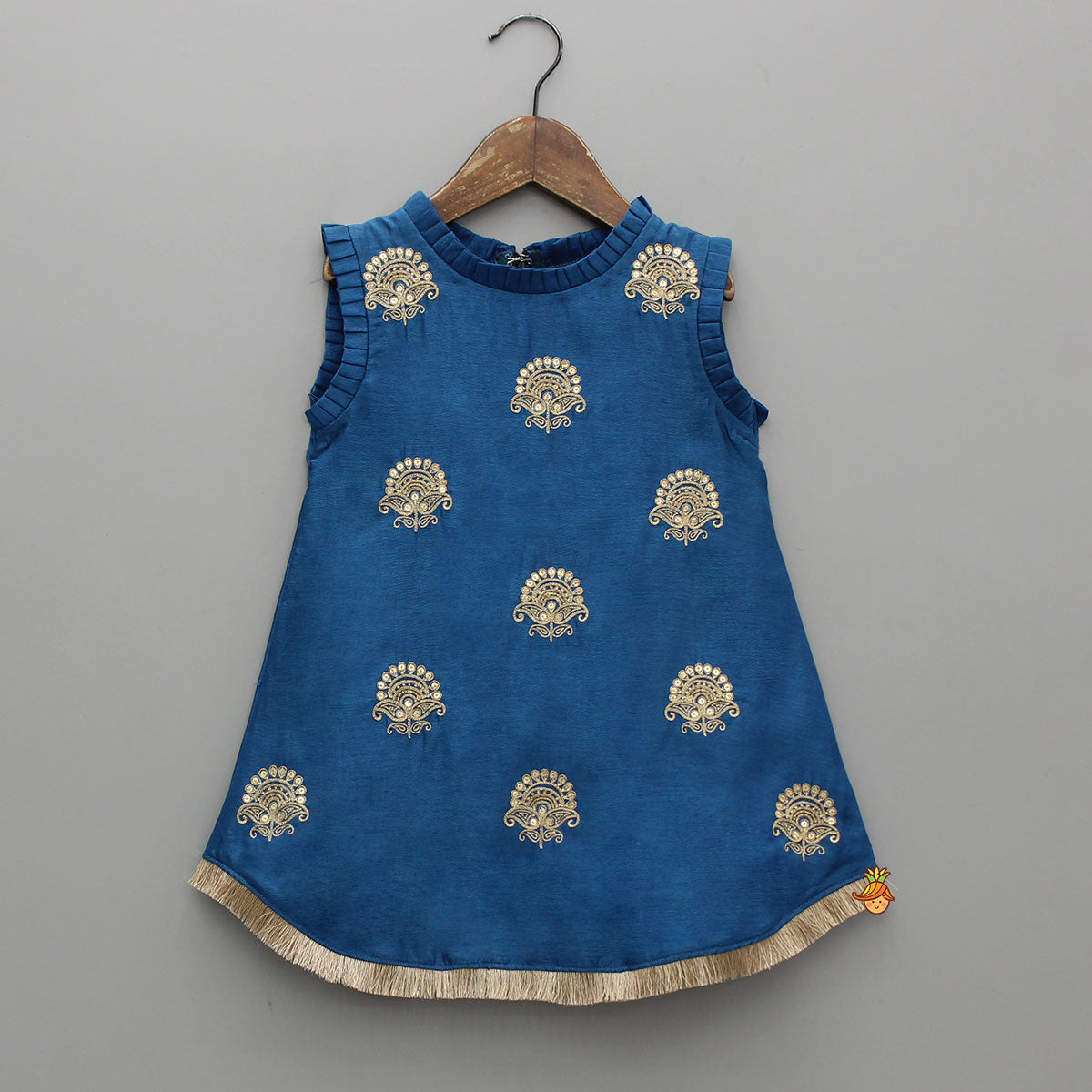 Blue Pleat Detailed Zari Embroidered Kurti With Sharara And Dupatta