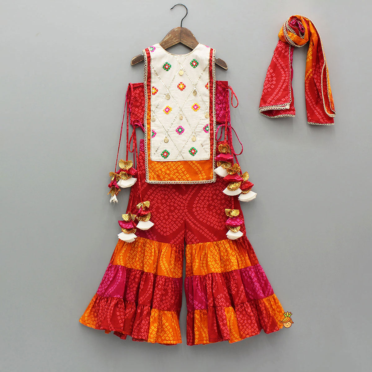 Stunning Bandhani Printed Embellished Top With Sharara And Dupatta