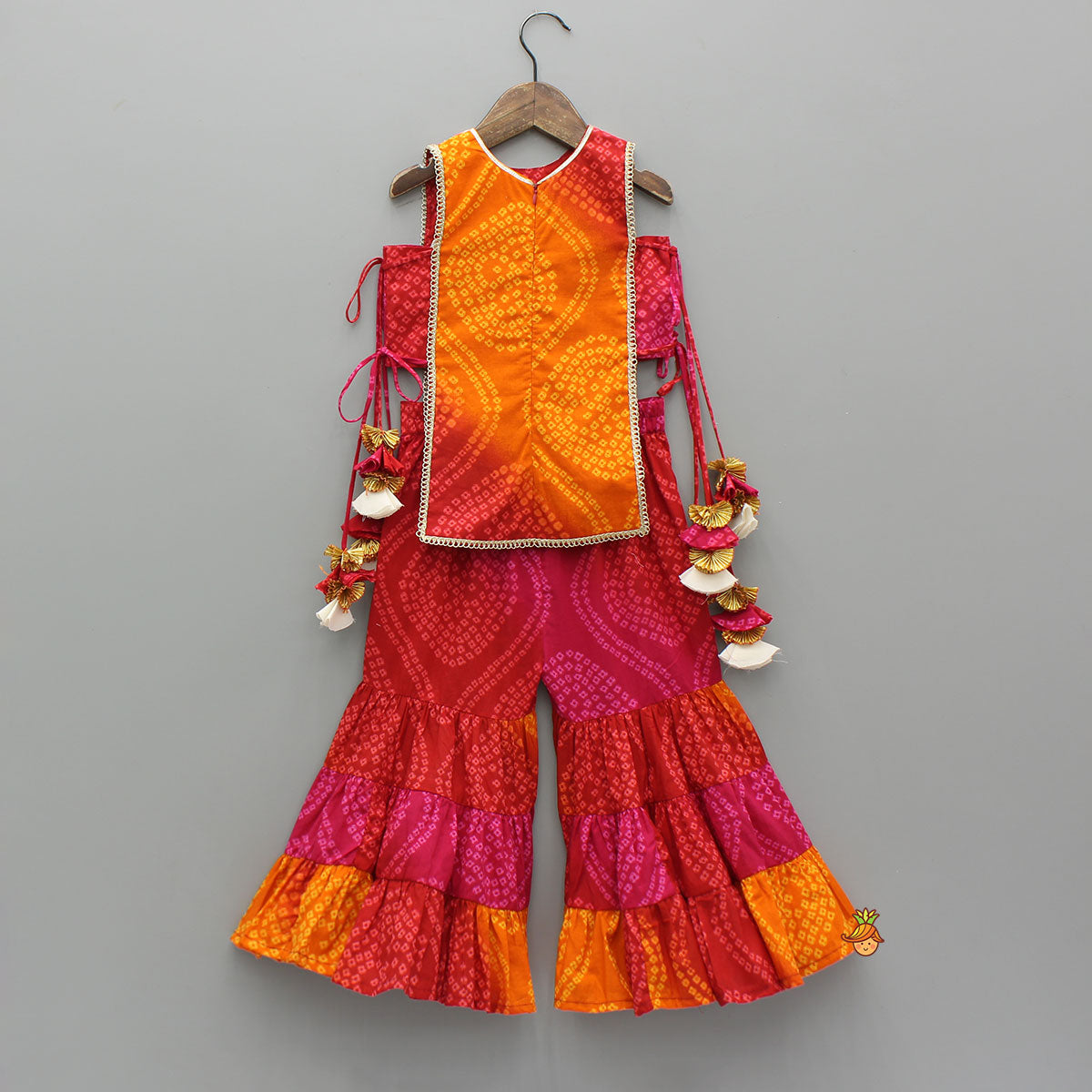 Stunning Bandhani Printed Embellished Top With Sharara And Dupatta