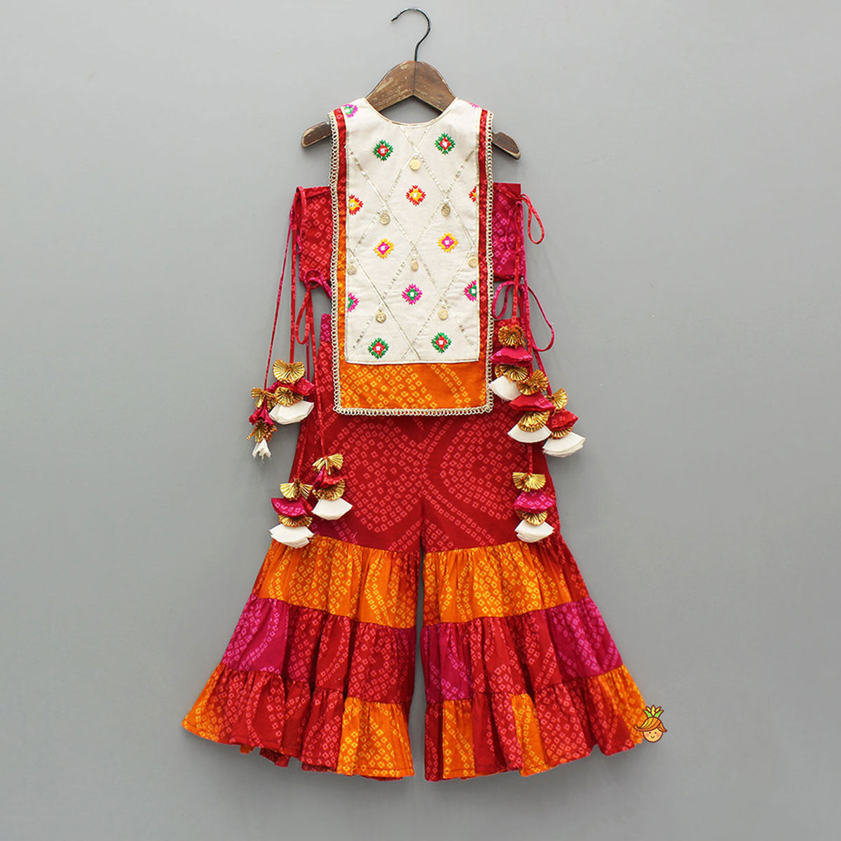 Stunning Bandhani Printed Embellished Top With Sharara And Dupatta