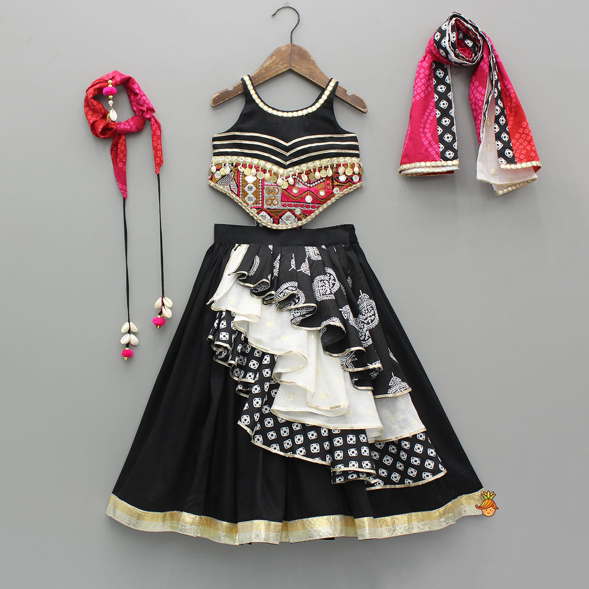 Black Embellished Faux Mirror Embroidered Top With Tiered Lehenga And Dupatta With Bandana
